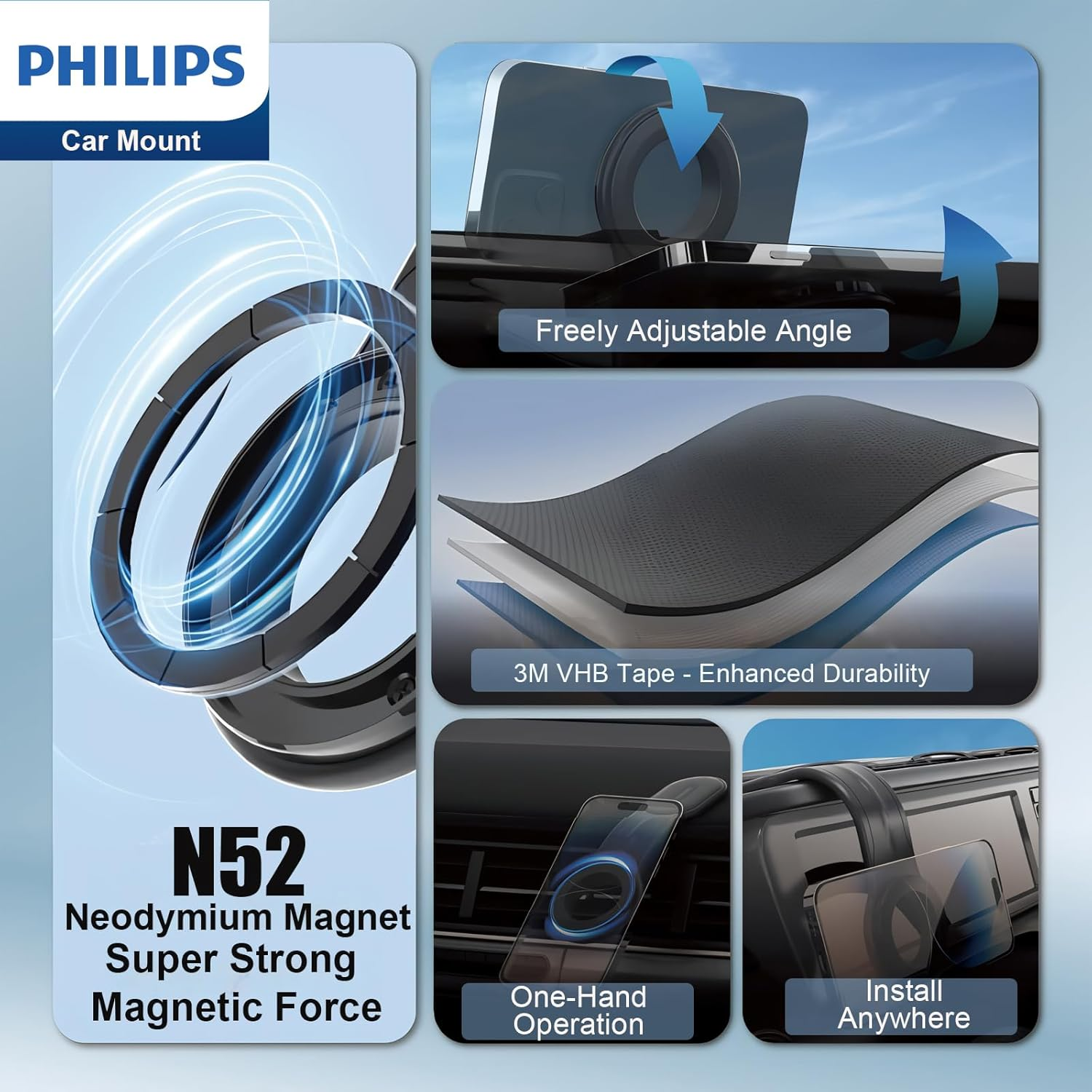 Philips Car Dashboard Phone Holder Stand Mount, Gravity Bracket, Secure, Adjustable, Long Arm, Bend Any Angle and Compatible with Iphone, Android, 4-7.2 Inch, Black image number 1