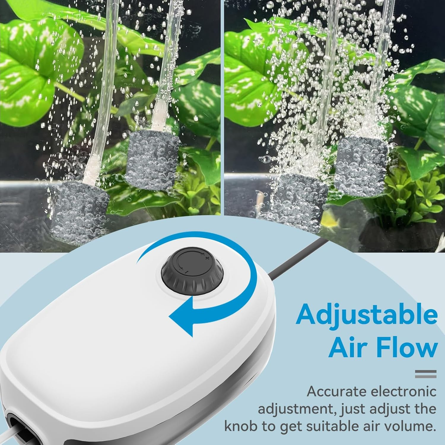 Mosiller Fish Tank Air Pump Dual Outlet - 4W Aquarium Electric Air Pump, Ultra Quiet 5L/Min Oxygen Pump, Adjustable Fish Tank Aerator with with Air Stone Bubbler Accessories for up to 500L image number 1