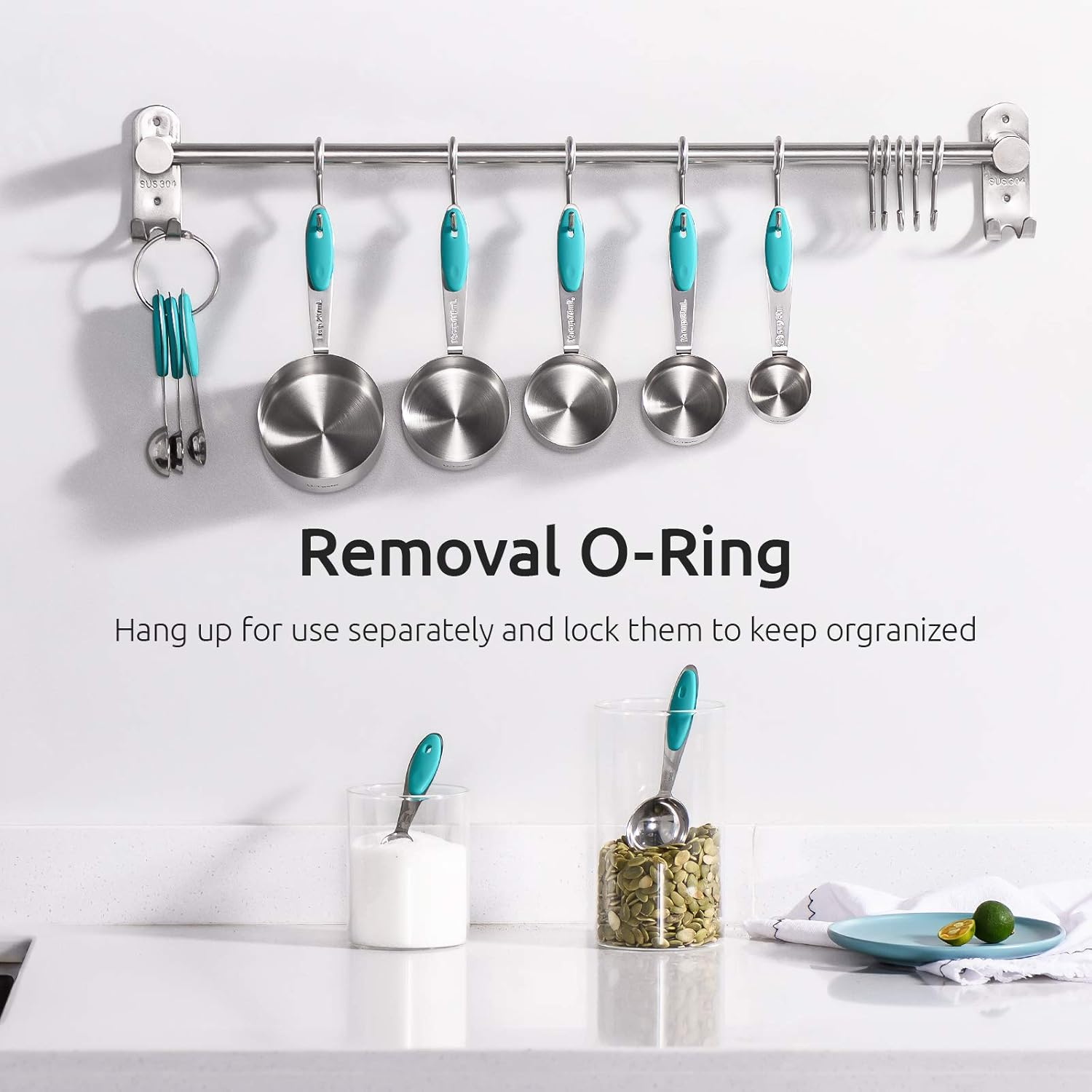 Measuring Cups and Spoons Set: U-Taste 18/8 Stainless Steel 10 Pieces Metal Nesting Stacking Kitchen Baking Cooking Food Measure Set 5 Cups 5 Spoons for Dry and Liquid Ingredient (Teal/Turquoise) image number 3