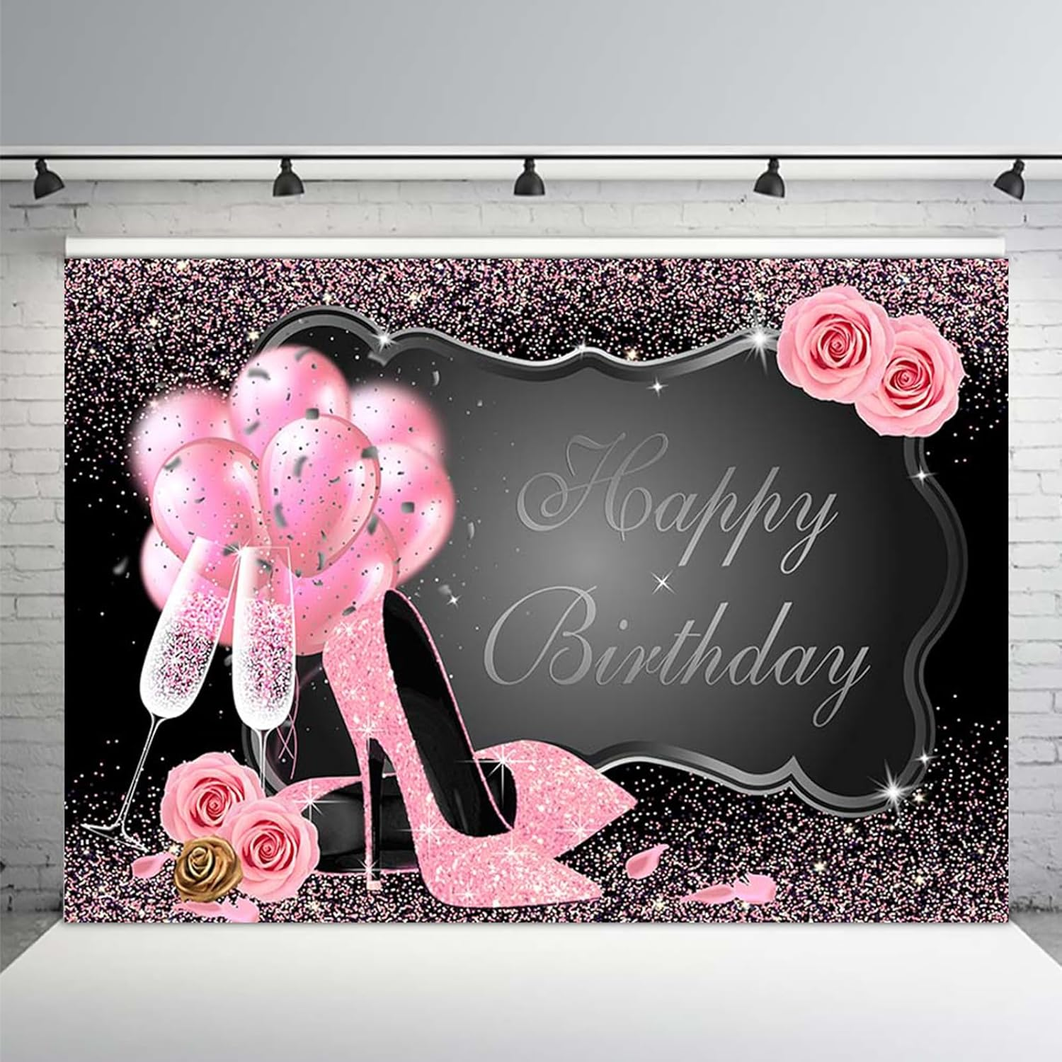 APROPHIC Girls Female Birthday Background Glitter Photo Photography Background Happy Birthday Party Banner High Heels Champagne Pink Balloon Decoration Cake Table Accessories 210 X 150 Cm image number 2