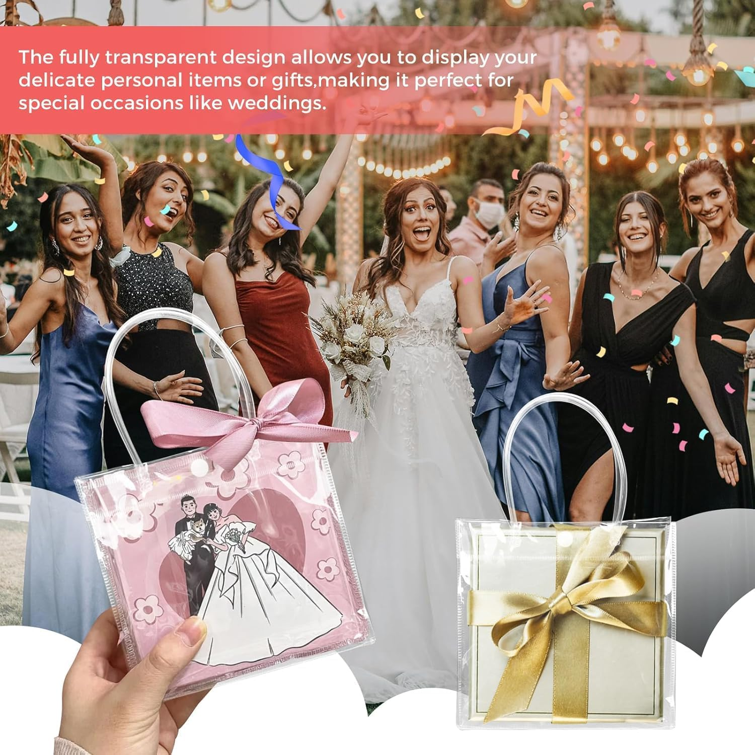Acaiciee 15 PCS Clear Gift Bags with Handles, 6.89" X 6.89" X 3.54", Reusable Transparent Plastic Clear Gift Bags for Wedding, Birthday, Baby Shower, Party, Halloween, Christmas image number 3