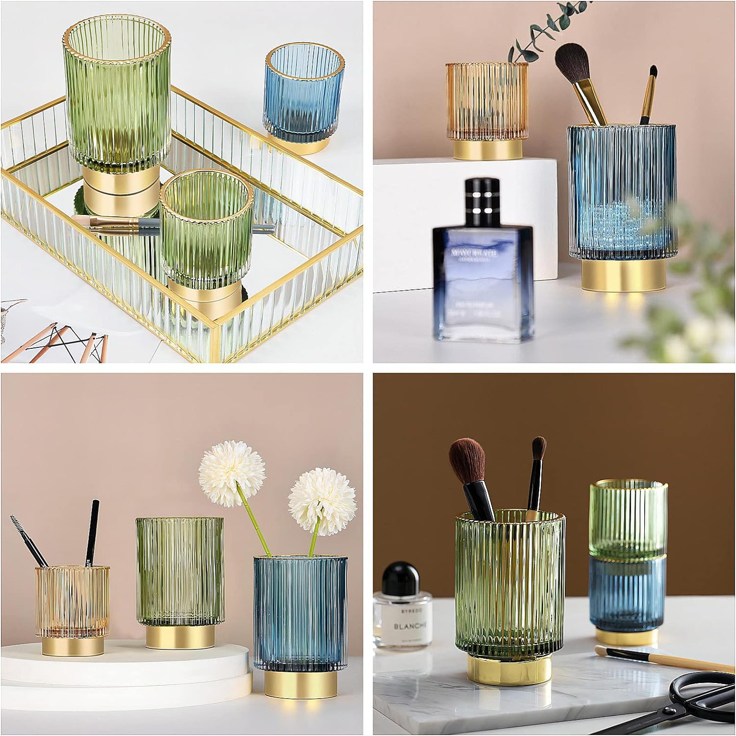 DASITON Makeup Brush Holder Organizer,Crystal Cosmetic Makeup Brush Glass Brushes Storage Holder,Vintage Makeup Brush Cup Pen Pencil Holder Striped Vase(Coffee L) image number 4