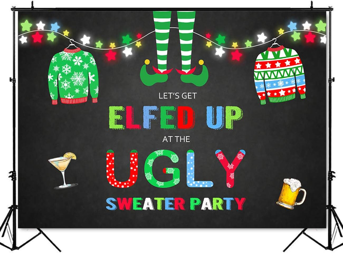 Mocsicka Elfed up Ugly Sweater Party Backdrop Christmas Ugly Sweater Photography Background 7X5Ft Vinyl Christmas Holiday Ugly Sweater Party Backdrops image number 4