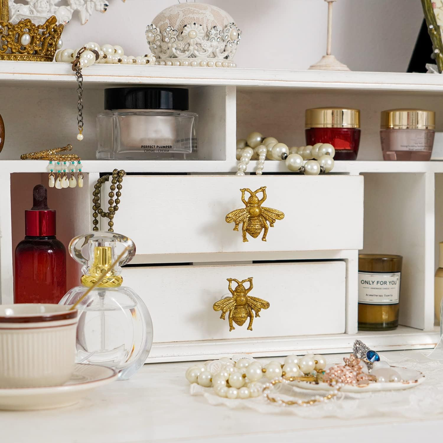 SOFFEE DESIGN Set of 6 Vintage Gold Zinc Cabinet Knobs, Decorative Metal Bee Shape Knobs Pull Handle for Door Cabinet Drawer, Antique Dresser Knobs Home Furniture Handle