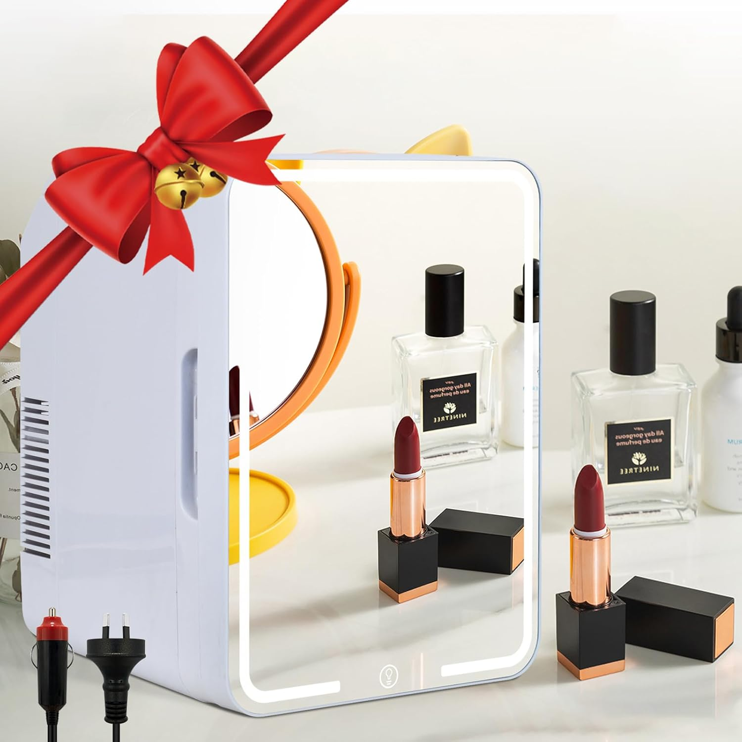 YOPOWER Mini Skincare Fridge with Dimmable LED Light Mirror, 8L Portable Makeup Fridge Cooler and Warmer for Bedroom, Car, Office, Small Refrigerator AC/DC Powered for Cosmetics and Food, White image number 2