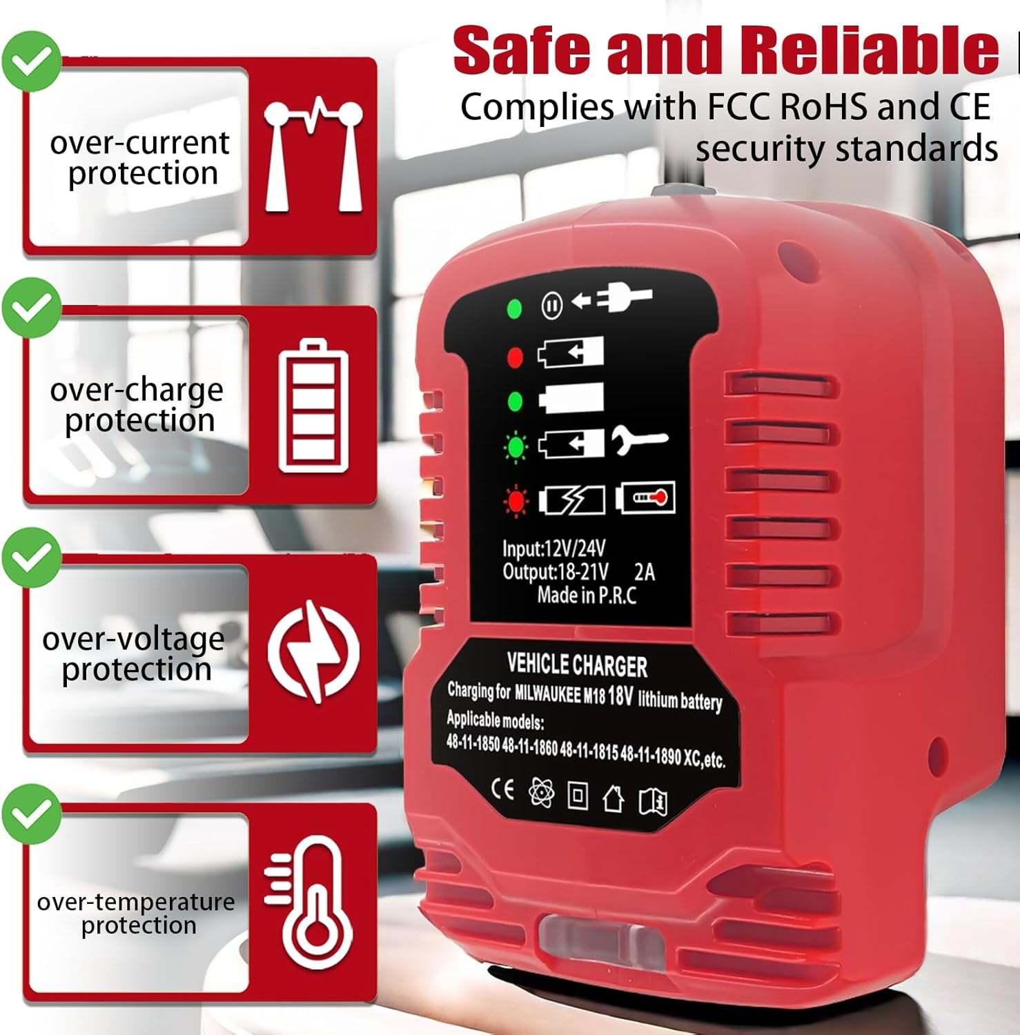 For Milwaukee 18V Charger,Car Charger,Compaitble with Milwaukee M18 Lithium Ion Vehicle Charger,Battery Charger for Battery 18V C18B, C18BX, M18B, M18B2, M18B4, M18BX Battery image number 2