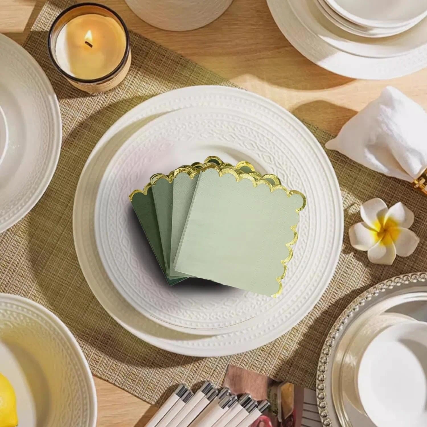100 Pack Green Cocktail Napkins with Gold Foil Accents Scalloped Edges 5 X 5 Inch Beverage Disposable Napkin Party Decoration Wedding Bridal and Baby Shower Dinner Lunch Supplies image number 1