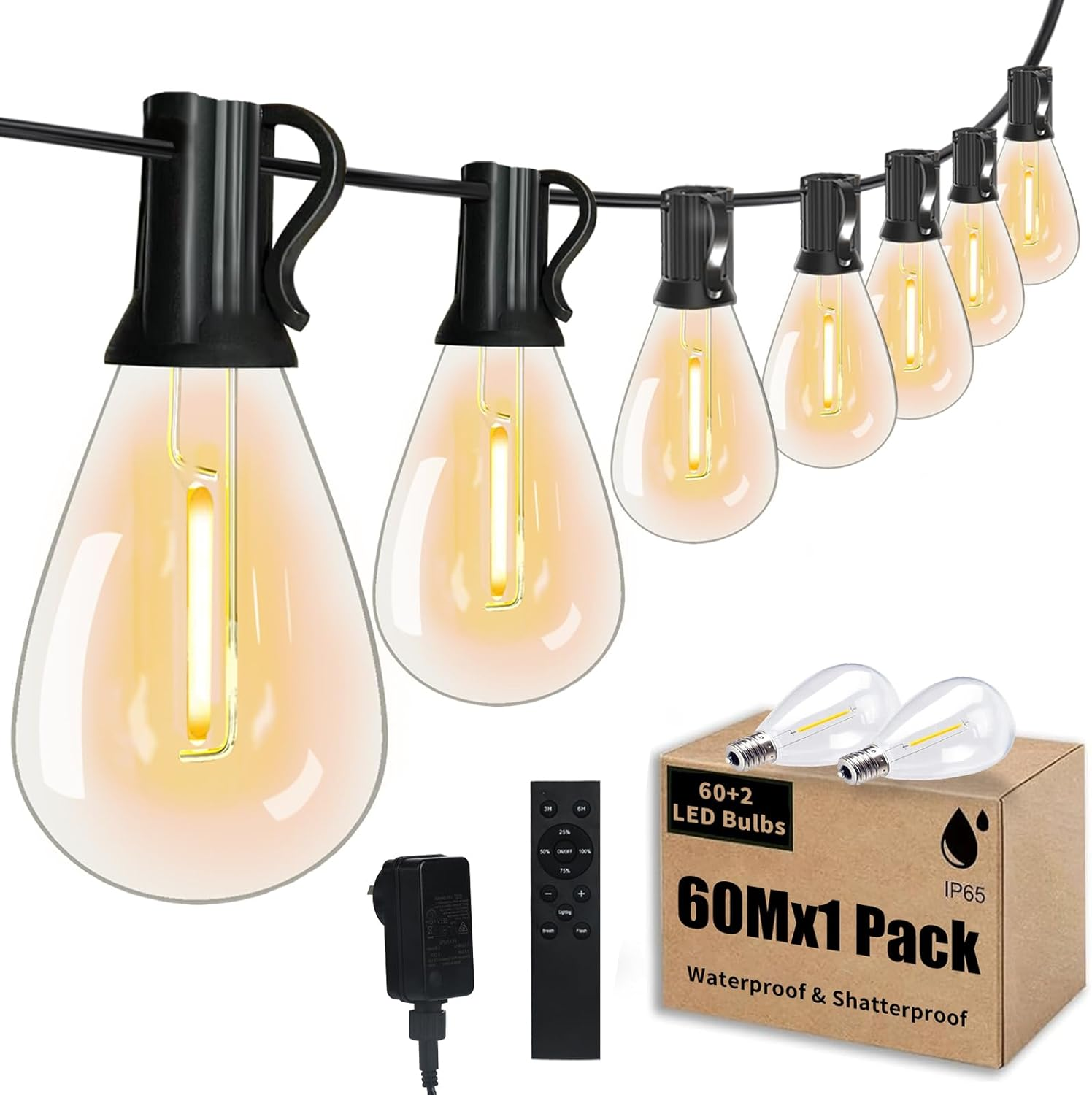 Tenmiro Festoon Lights Outdoor with Remote,Dimmable,Timing, 60M Ultra Long Waterproof&Shatterproof Outdoor String Lights 60+2 S11 LED Bulbs,3 Light Modes 2700K Fairy Light for Party,Christmas,Backyard