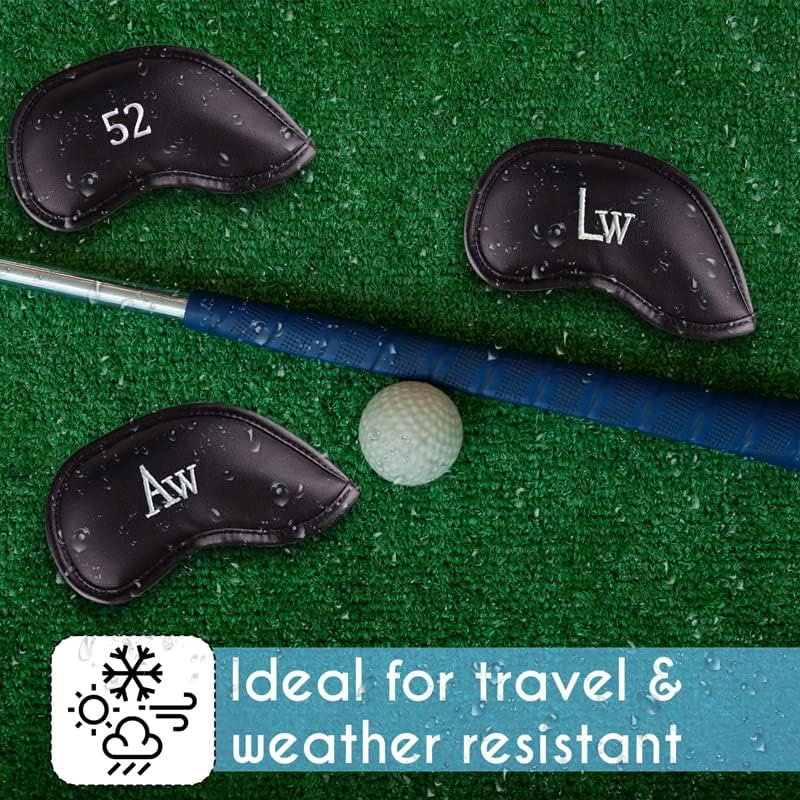 12 PCS Waterproof PU Leather Head Cover Golf Iron Club Putter Headcover 3-SW Set with Number Applique for Easy Recognition Black、Blue, Protective and Durable - Black Plain Pattern image number 5