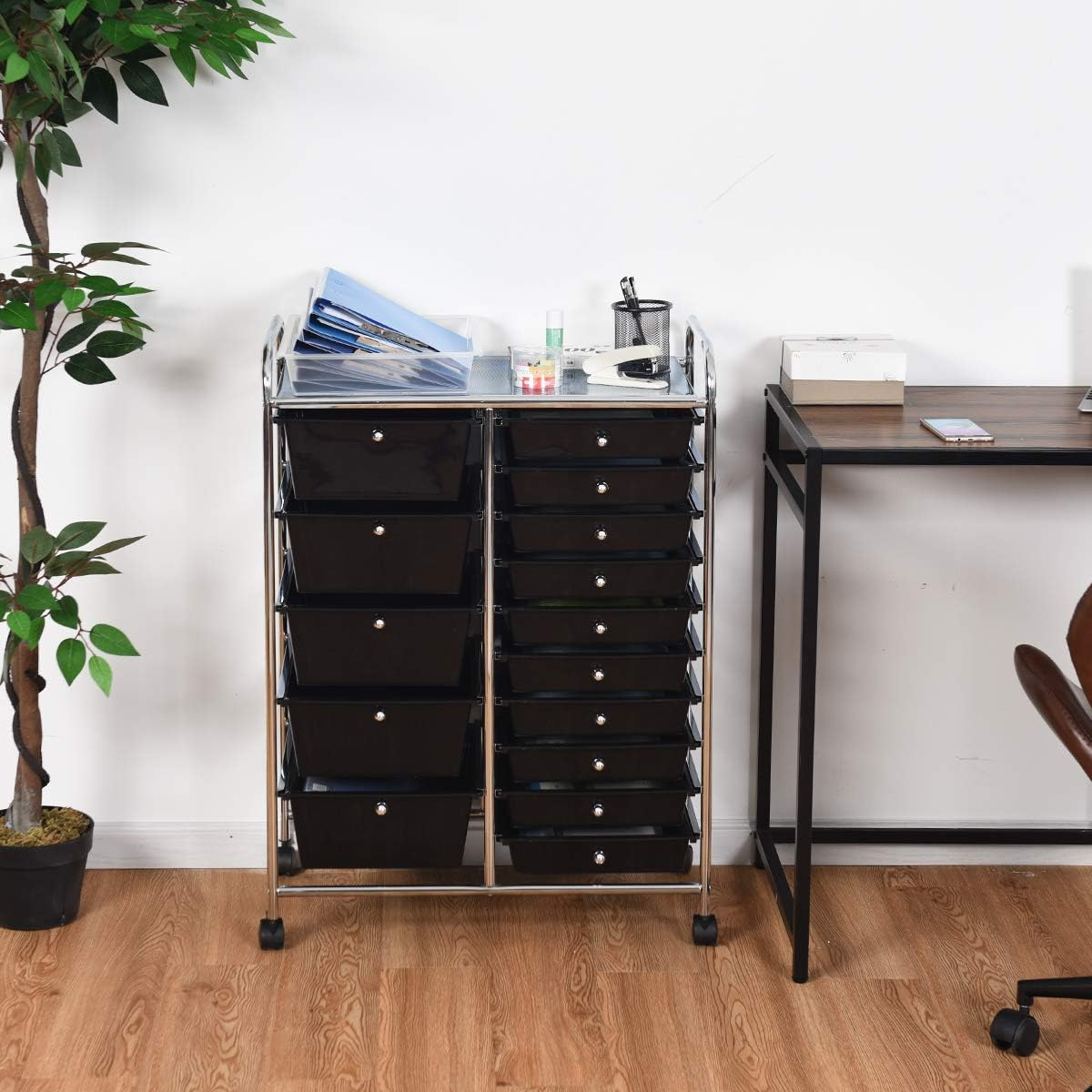 Costway 15-Drawer Rolling Storage Cart, Mobile & Lightweight File Cabinet Trolley Rack, Black, Metal & Plastic, Ideal for Home, Office, School, Kitchen, Beauty Salon image number 3