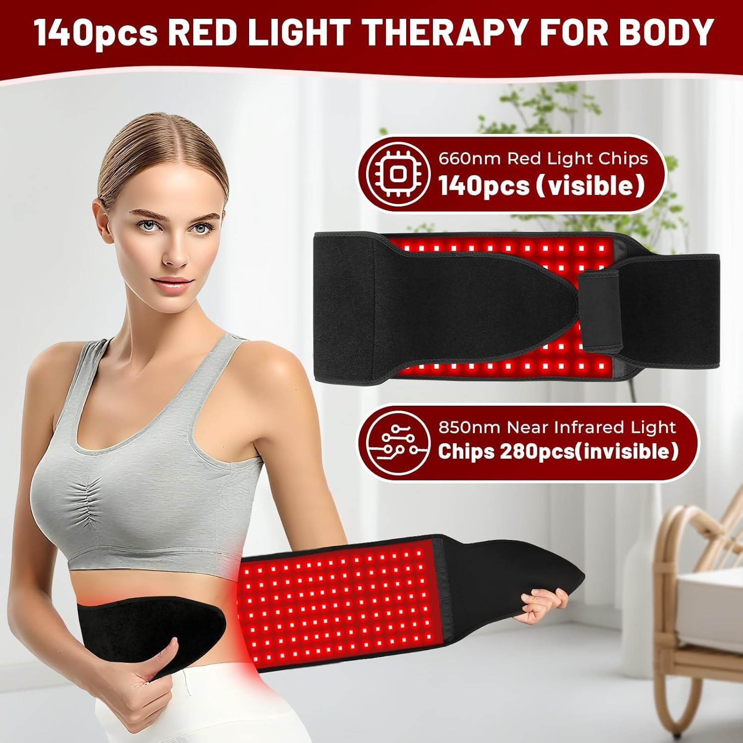 Upgrade Red Light Therapy Belt, Red Light Therapy Device for Body with Timer for Back Shoulder Waist Muscle Pain Relief for Women Men, 140 Leds, 3 in 1 Led Beads, 660Nm Red Light & 850Nm near Infrared Light Therapy Belt image number 1