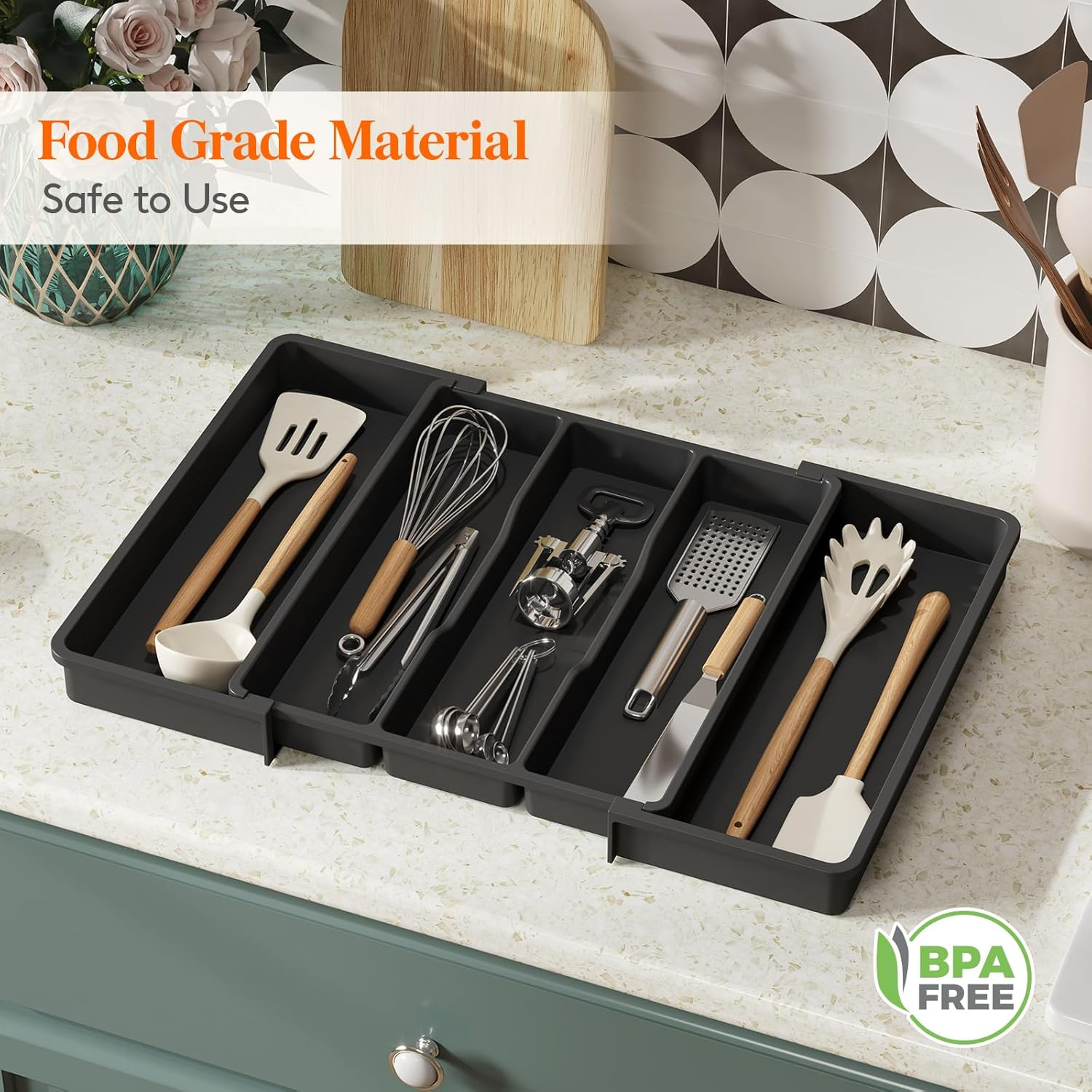 Lifewit Silverware Drawer Organizer and Utensil Organizer Set, Expandable Cooking Cutlery Tray for Kitchen, Adjustable Plastic Flatware Holder Storage Divider for Spoons Forks Knives, Large, Black