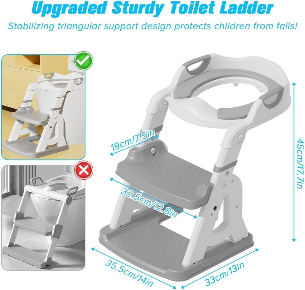 Necomi Potty Training Seat with Step Stool Ladder, Height Adjustable Toddler Potty for Kid Boys Girls, 2 in 1 Potty Training Seat with Non-Slip Pad Step Potty (Gray)