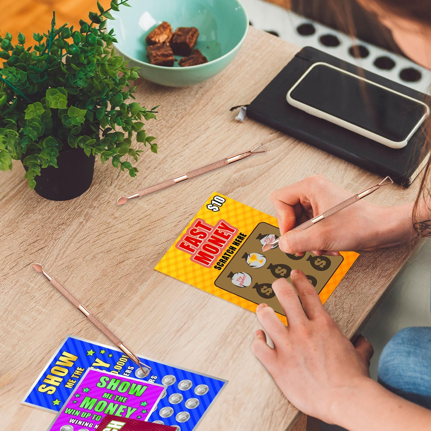 3Pcs Lottery Ticket Scratcher Tool, Metal Scratch off Tool Easy to Hold Lottery Scratcher Scraping Tool with Storage Box for Flawless Reveals Tickets Stickers Labels (Rose Gold)