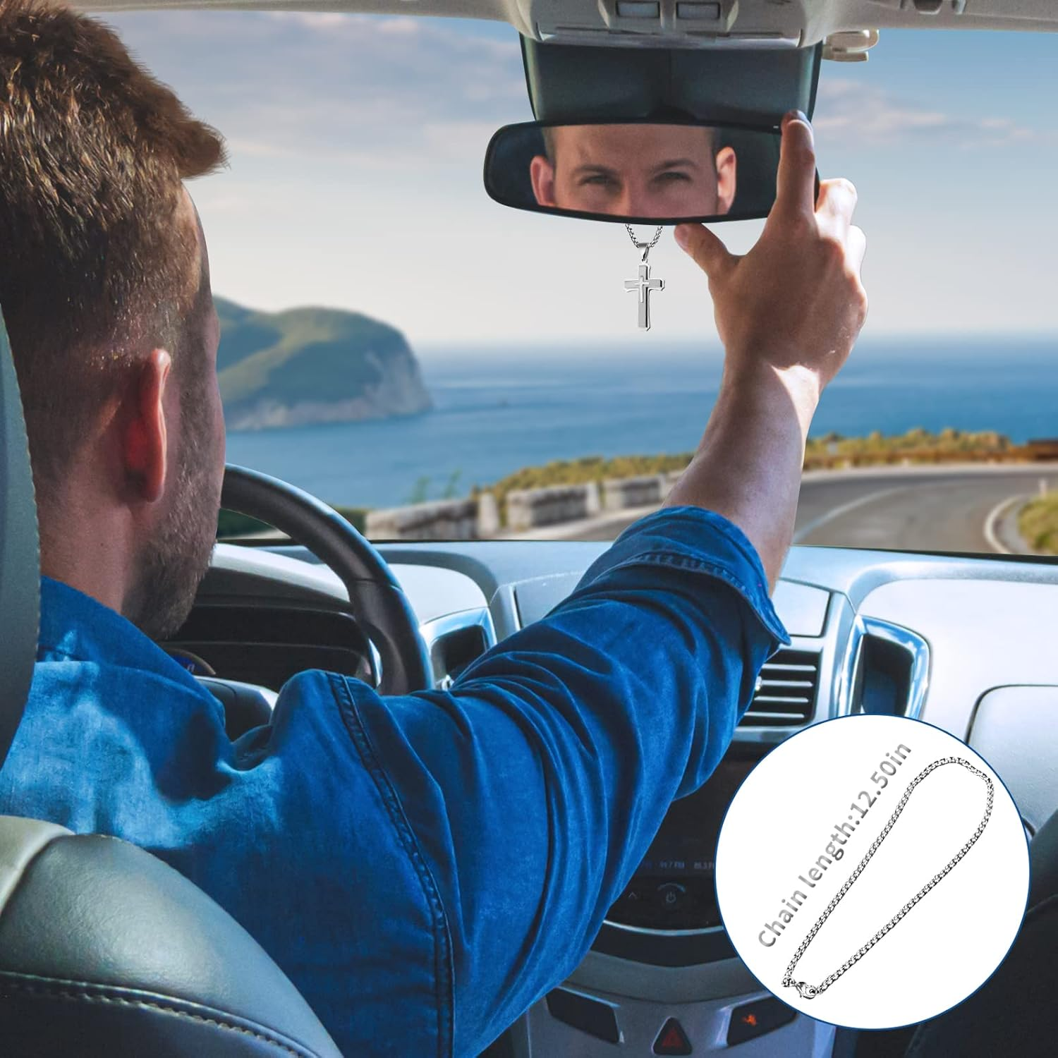 Pendant Cross for Car Rearview Mirror Hanging Accessories Cross Charm Car Mirror Decor Hanging Ornament for Auto Interior Truck Christian Cross Necklace for Men Women Jesus Holy (Silver) - Gold image number 4