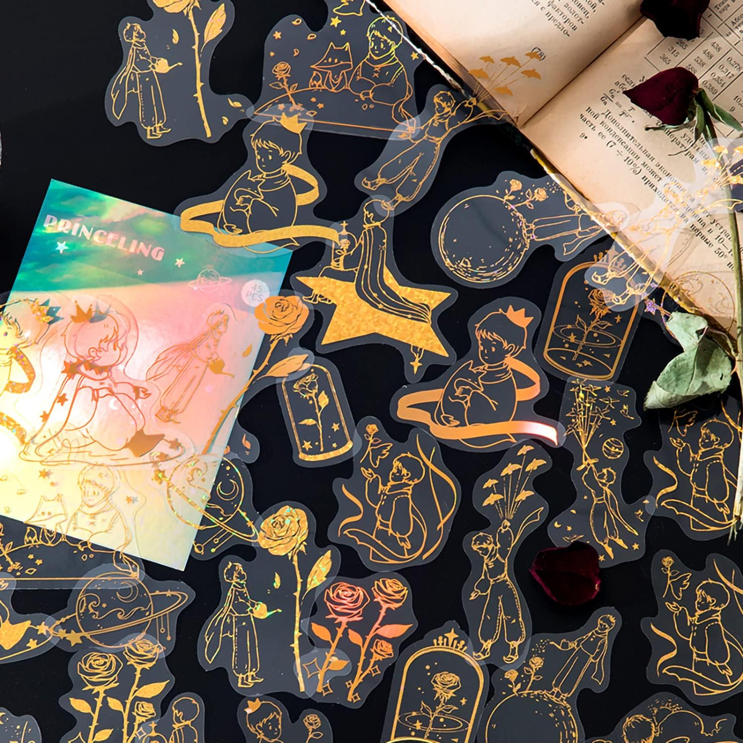 YOKSAS Yoksas 360Pcs Golden Holographic Sticker Set - Transparent Glitter Gold Foil Resin Stickers for Scrapbooking, Laptop, Water Bottles, Journaling, Gold,Golden,Transparent (ST-230) image number 6