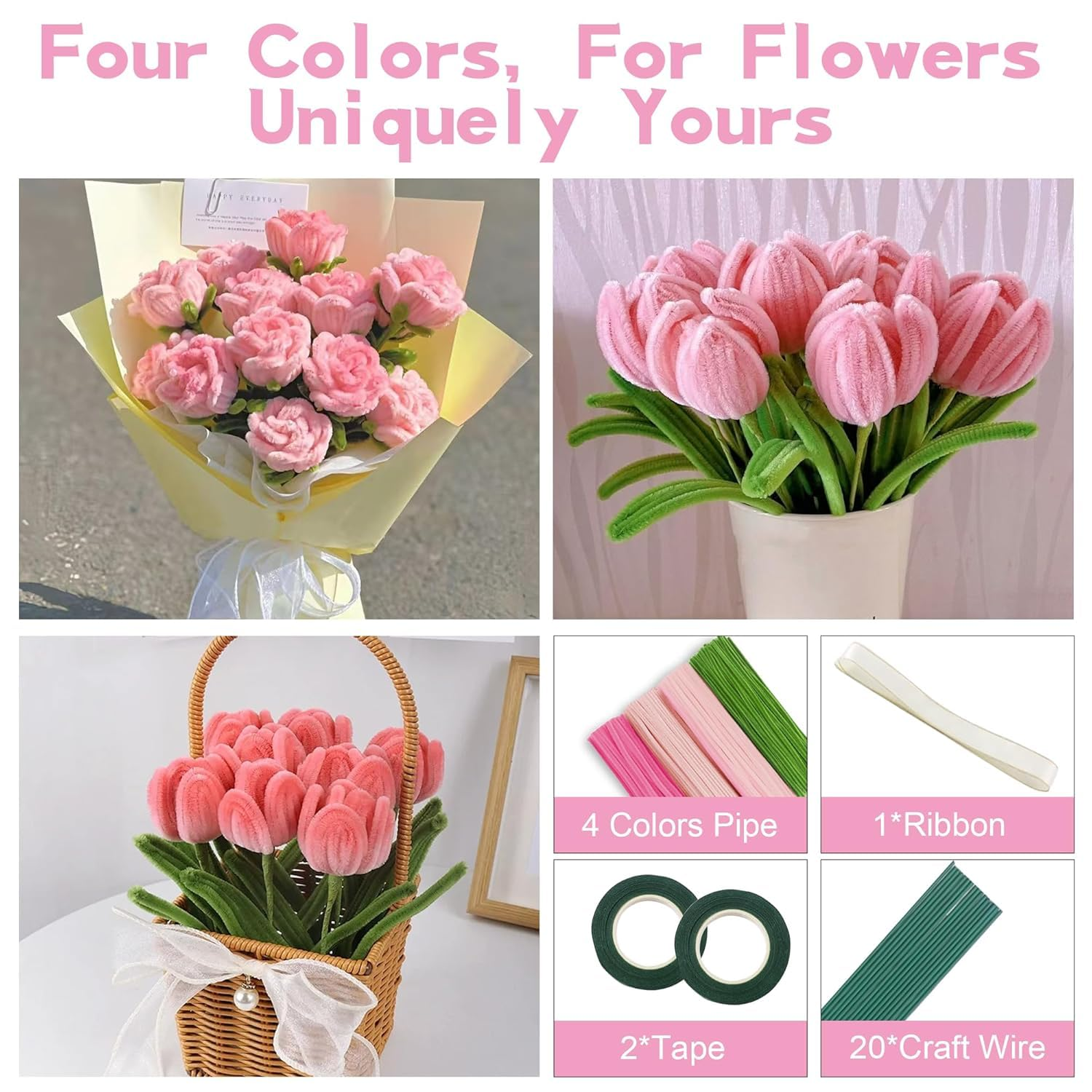 XUANZHI 400 Pcs Pipe Cleaners Craft,4 Assorted Colors Pipe Cleaners Bulk, Chenille Stems for DIY Flower Making Kit with Floral Wires, Gardening Tape,Stamen& Ribbon (Pink) image number 2