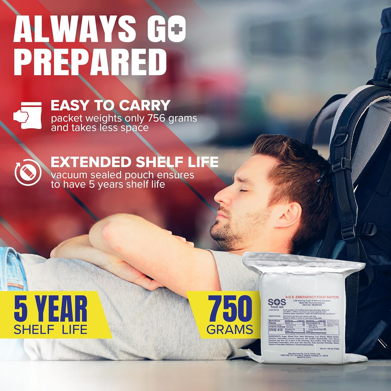 SOS Food Labs, Inc. 185000825 S.O.S. Rations Emergency 3600 Calorie Food Bar - 3 Day/ 72 Hour Package with 5 Year Shelf Life, 5" Height, 2" Wide, 4.5" Length image number 2