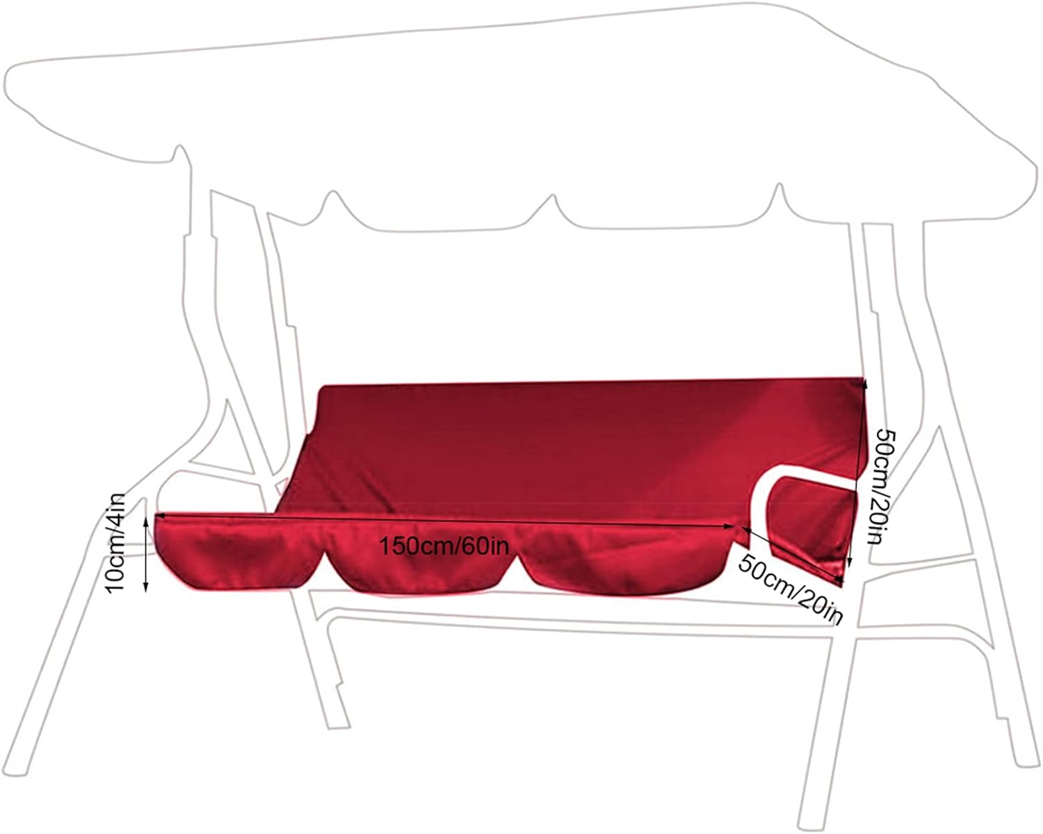 Omabeta 1PCS Outdoor Swing Chair Cushion Replacement Cover with Waterproof Material for 3-Seater, 150X50X10Cm/59.1X19.7X3.9In Swing Seat Cushion Cover for Garden Courtyard Hammock Seat, Red