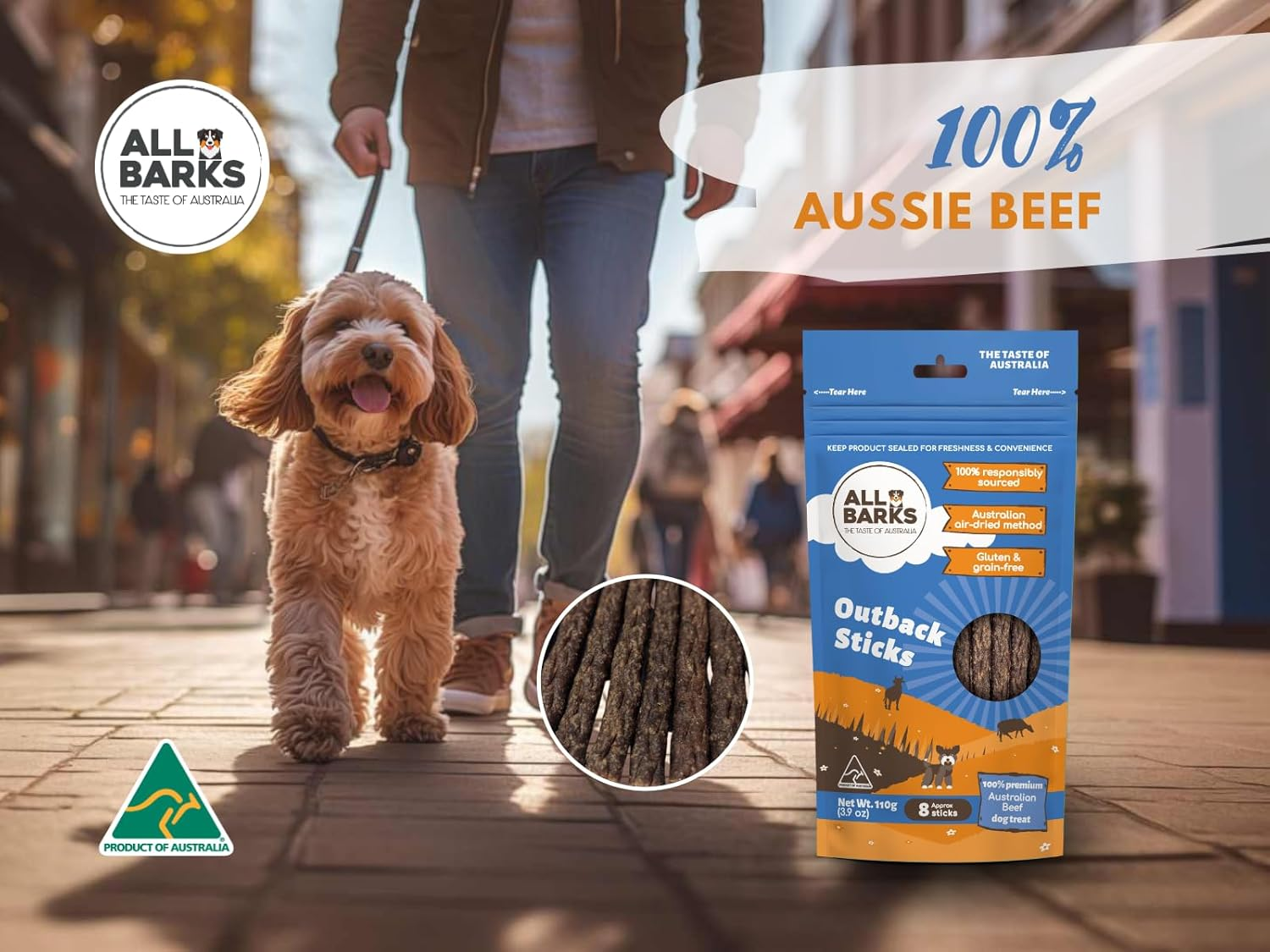 ALL BARKS Outback Sticks - 100% Real Aussie Beef - Natural, Grain-Free, Australian Dog Treats - Snacks, Treats & Rewards for Your Dog - 110G - Approx 8 Sticks per Bag image number 1
