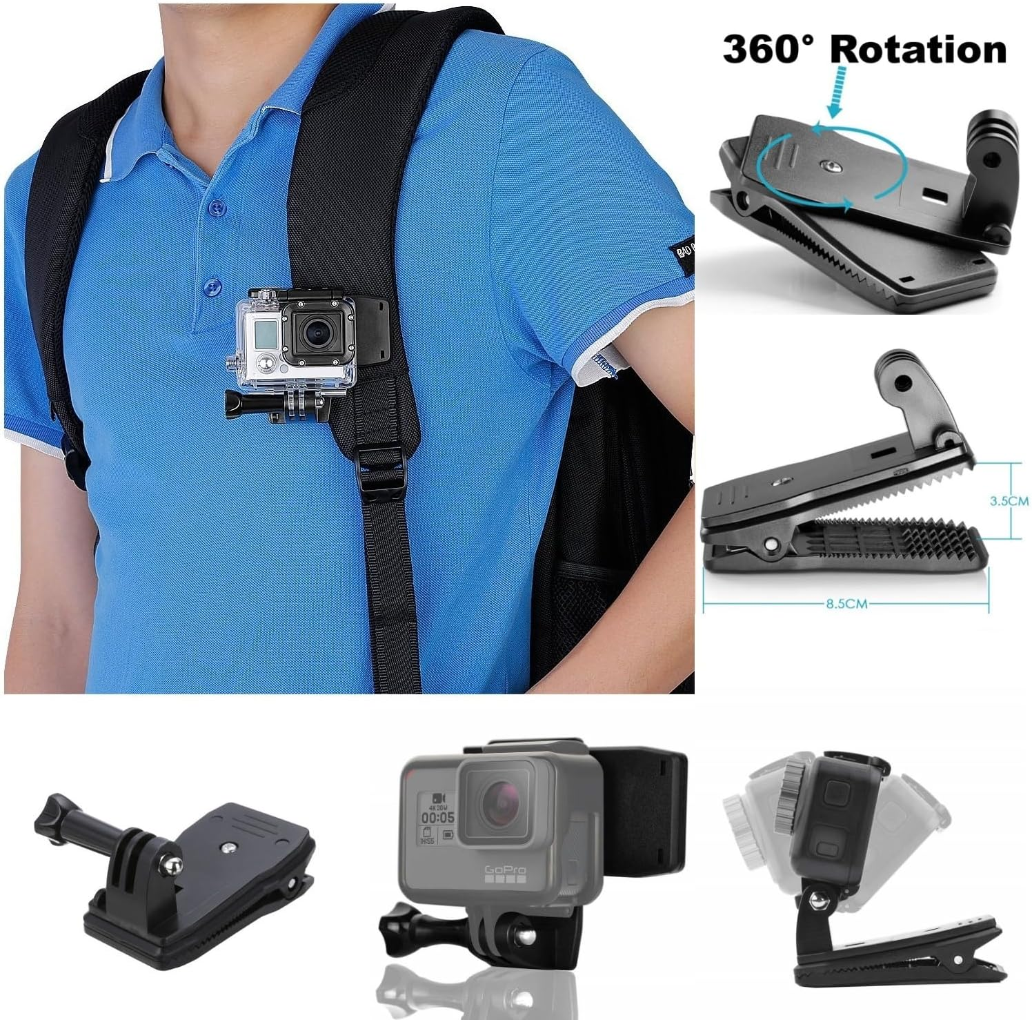 Micros2U Gopro Compatible Backpack Solid-Grip Clip Mount. Rotating Swivel 360 Degree Pivot Quick Release for Strap, Hat, Bag, Rucksack. Suitable for Hero 9 8 7 6 5 4 3, Session & Other Action Cameras image number 3