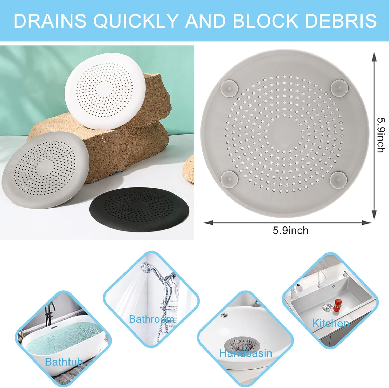 2-Pack Drain Hair Catcher Durable Silicone Hair Stopper Shower Drain Covers Shower Accessories Easy to Install and Clean Suit for Bathroom Bathtub and Kitchen - Black image number 4