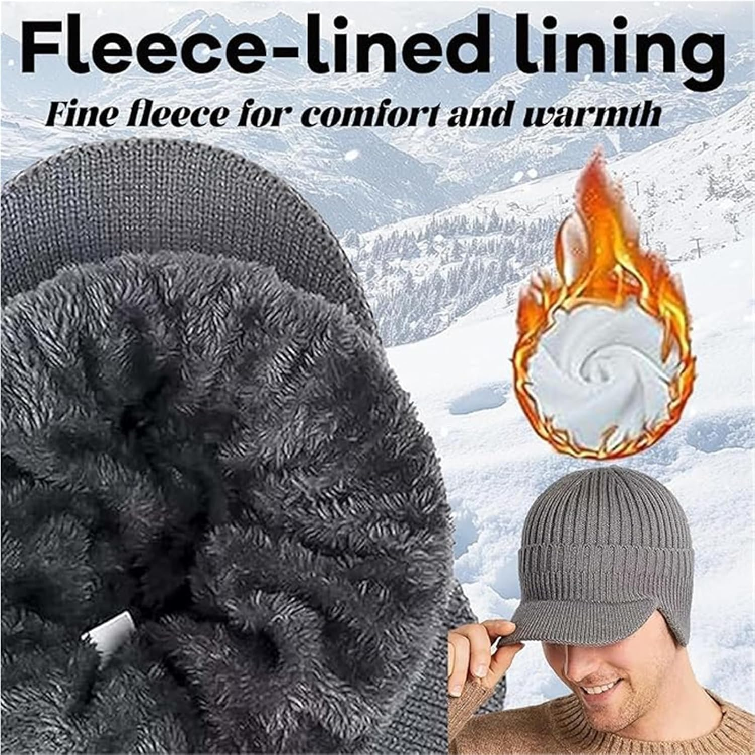 LAPQEND Cozy Head Beanie, 2026 New Winter Beanies Hat with Brim Ear Flaps, Warm Fleece Lined Knit Hat Unisex - Black image number 2