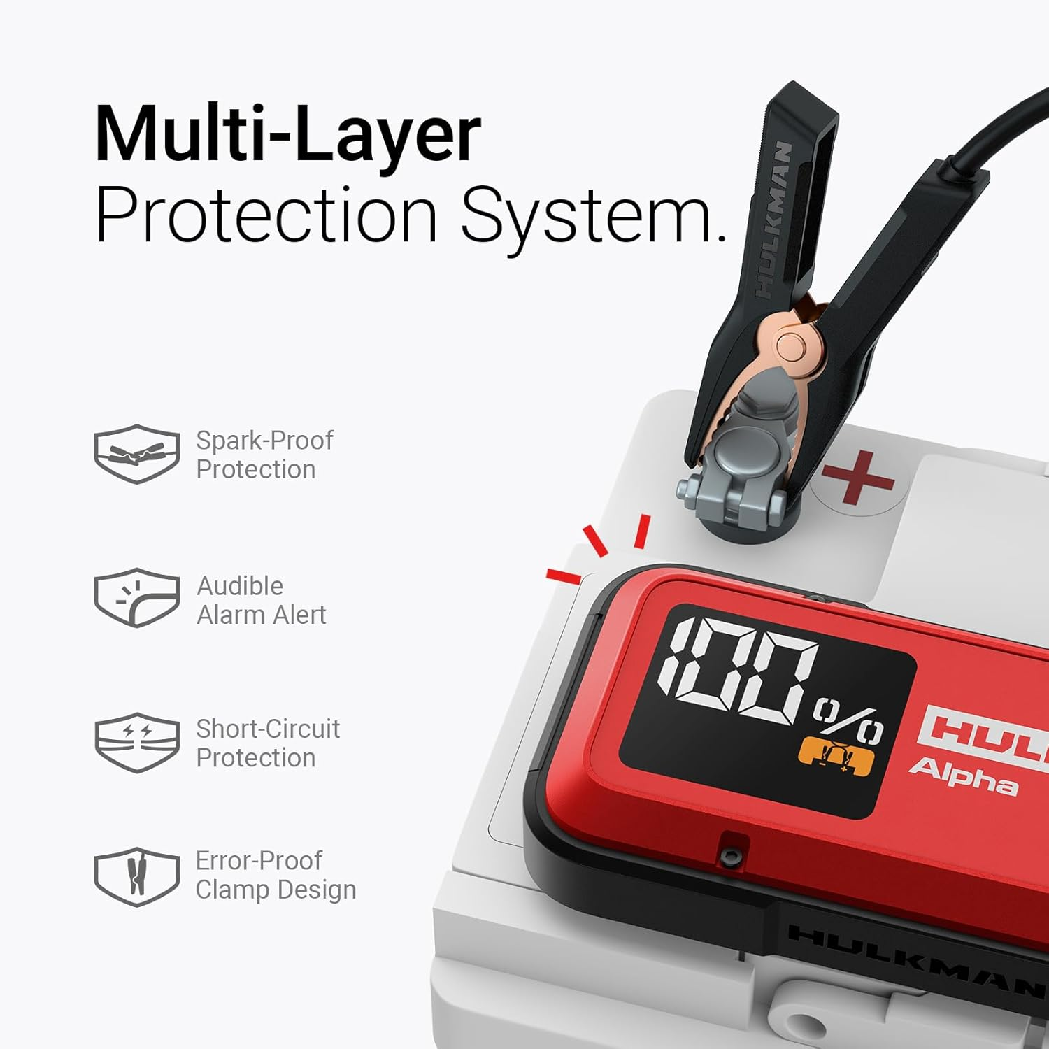 Hulkman Alpha, Ultra Red, 1250A 44.4Wh Battery Jumper Starter Portable, 12V Modern Car Jump Box with Jumper Cables, for 7.0L Gas/4.0L Diesel Engines, 65W Fast Charging, IP65 Rated, Large LED Display image number 6