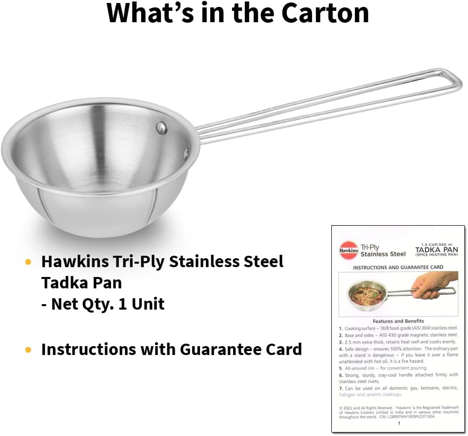 Hawkins 1.5 Cup Tadka Pan, 360 Ml Triply Stainless Steel Pan, Induction Pan, Silver (STP15) image number 1