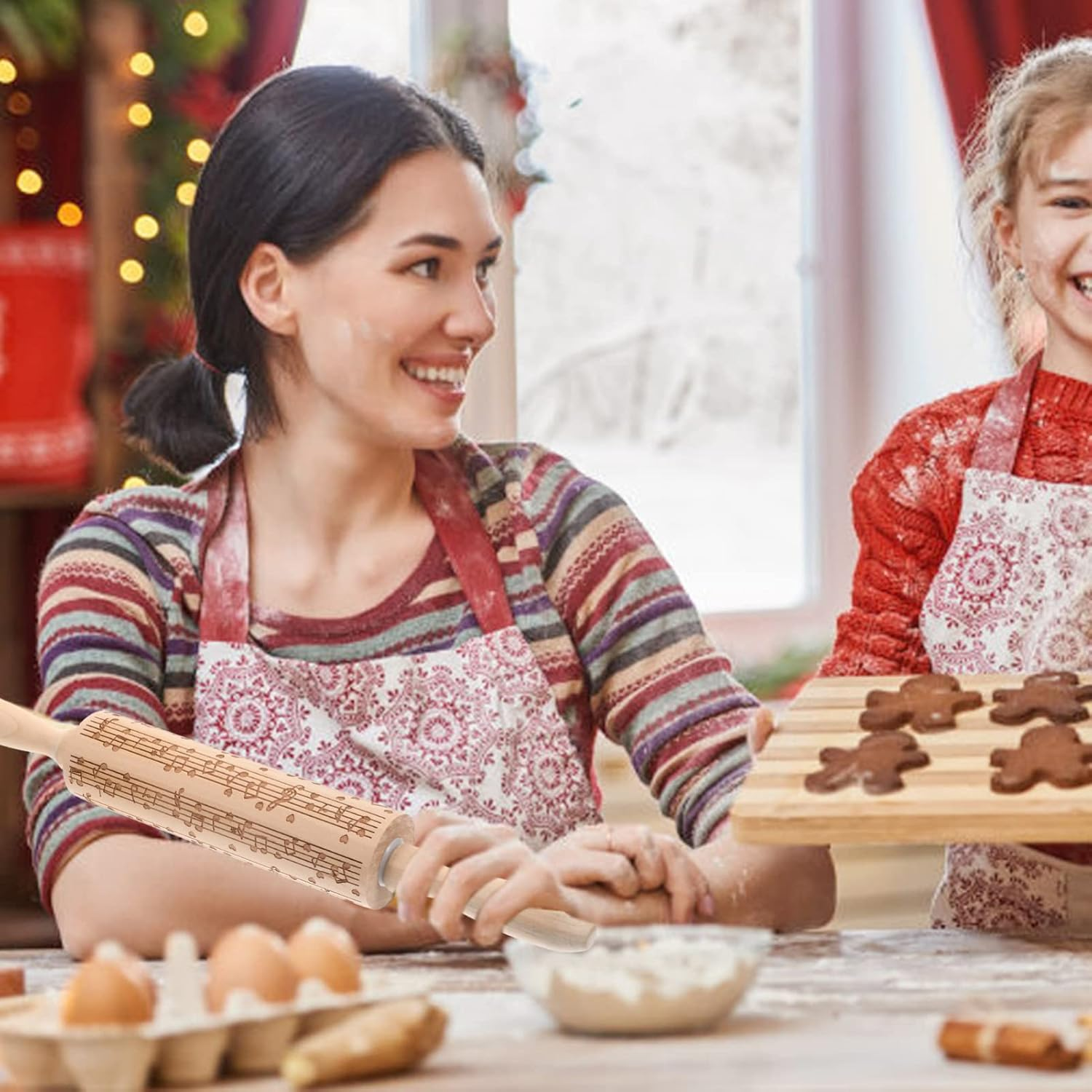 CALLARON Embossed Rolling Pin, 14 Inch Christmas Rolling Pins for Baking, Wooden Reusable Dough Roller with Music Note, Embossed Cookies Baking DIY Tool for Kids Adults Xmas Decoration image number 1