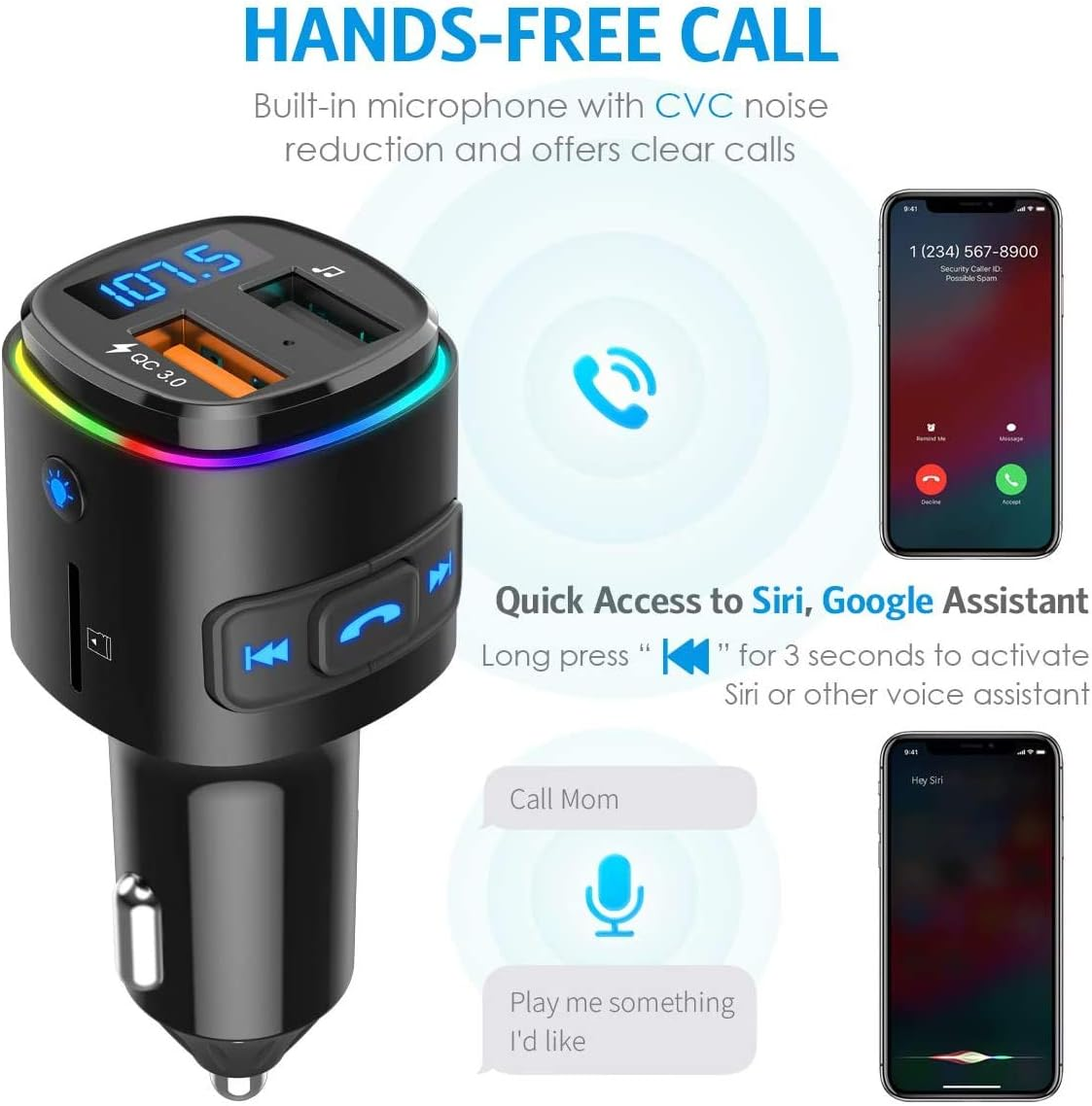 Bluetooth FM Transmitter for Car, QC3.0 Charging, Dual USB Ports, 7 Color RGB LED Backlit Bluetooth Car Adapter, Support Siri Google Assitant, U Disk, SD Card, Hands-Free Car Kit image number 4