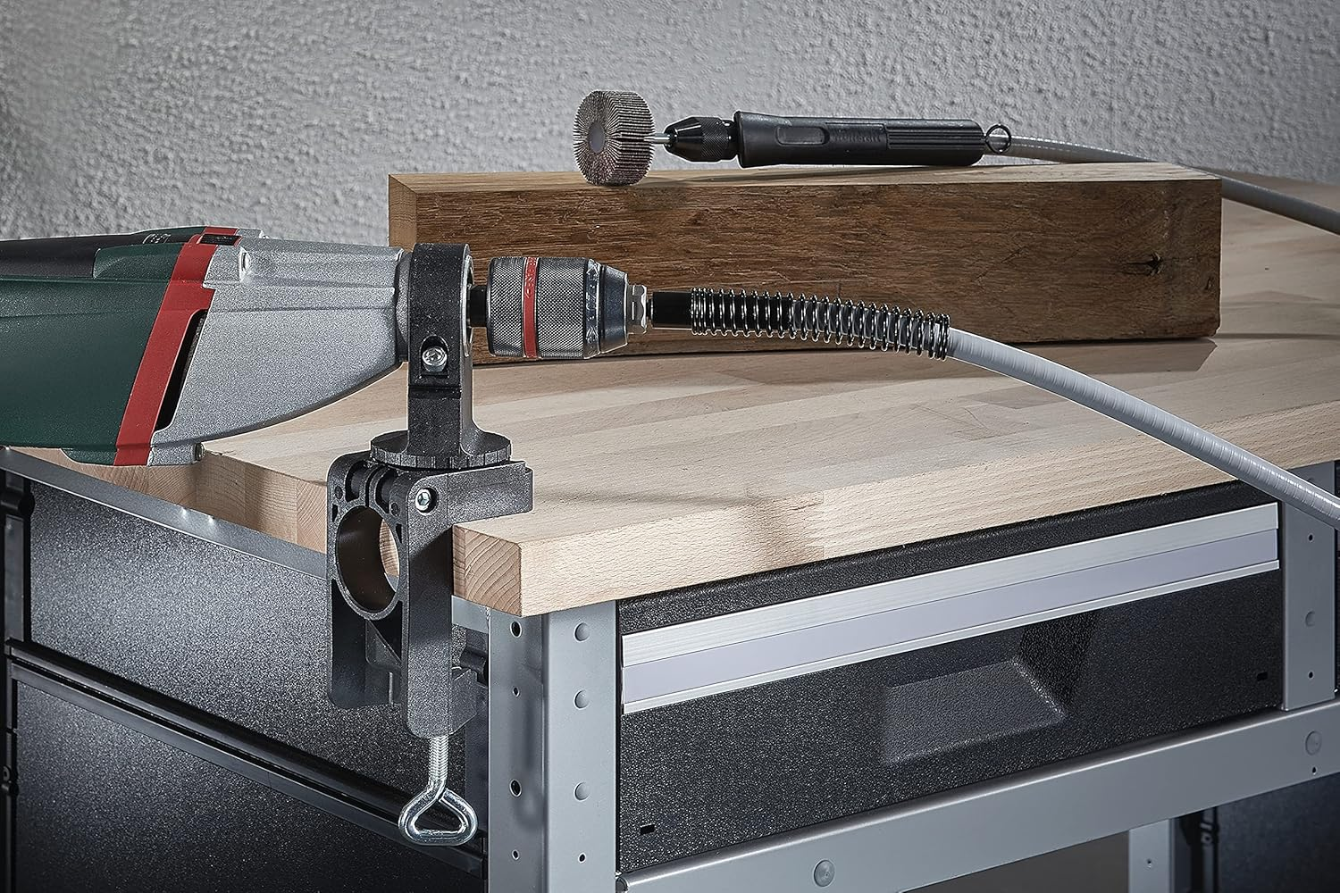 Wolfcraft Universal Drill Clamp, Plastic, Rotatable I 4802000 I Practical Aid for Holding Power Drills in Horizontal and Vertical Position