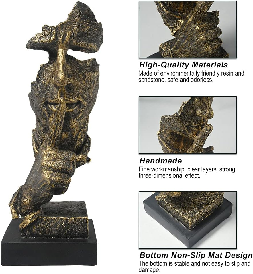 Thinker Statue - Silence Is Gold Modern Decor Creative Abstract Art Figurine Resin Sculptures Decoration Room Home Study Office Figurines for Desktop Shelf Table Ornament (Bronze) - Gold,Silver image number 6