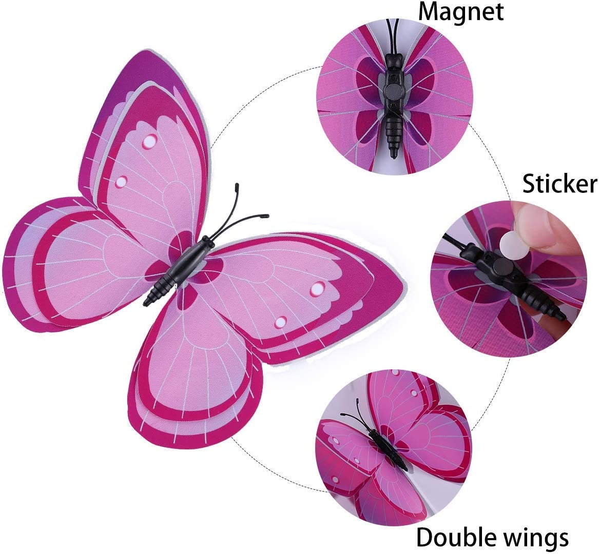 24 Pack 3D Nursery Wall Stickers【Double Wings】 T Tersely Butterfly Wall Removable Sticker Decals, Home Decoration Wall Stickers for Home Decor Art Kids Room Bedroom (Purple+Pink) image number 1