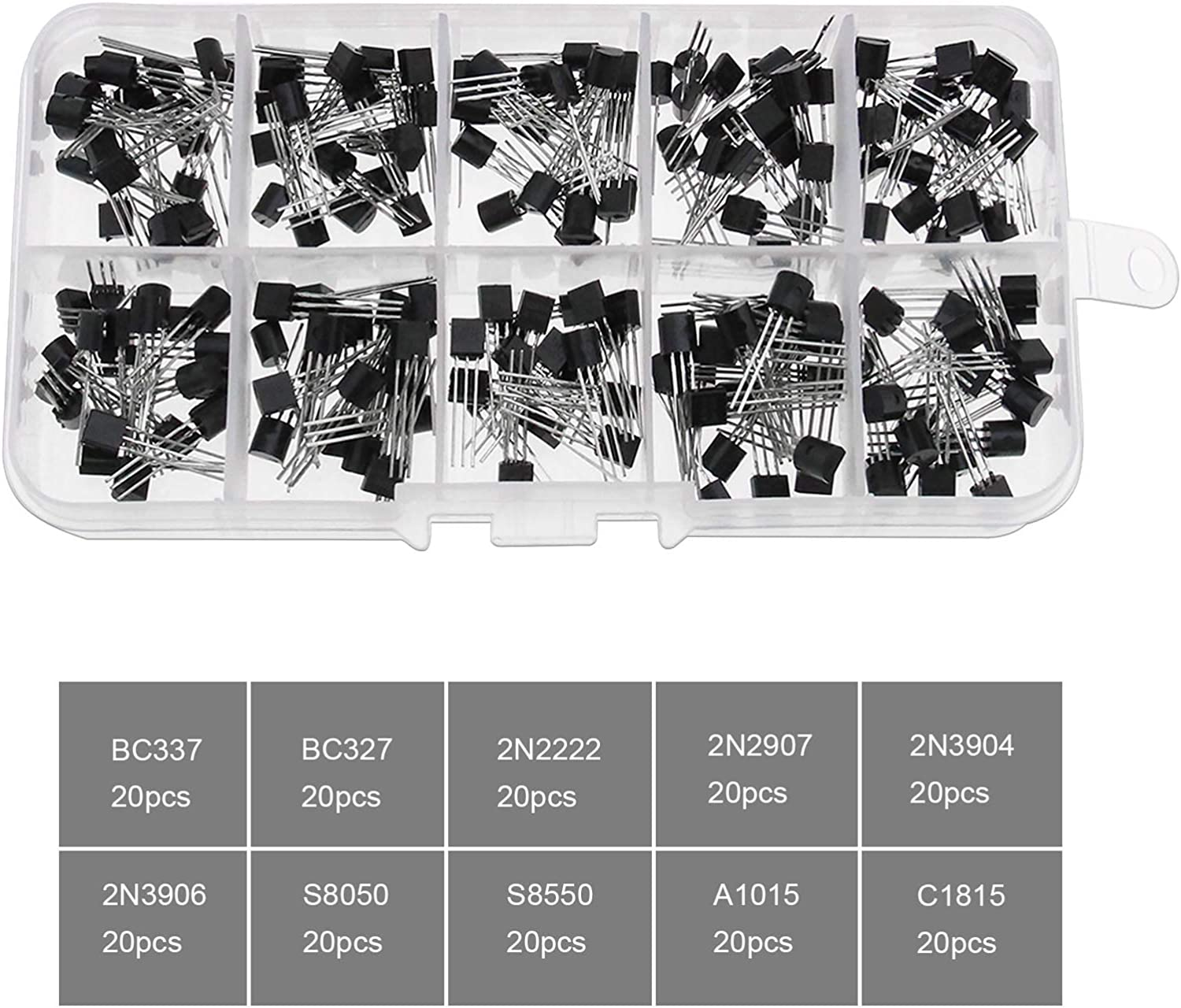 Emsea 200Pcs NPN PNP 3-Terminal TO-92 Transistor Assortment Kit BC337 BC327 2N2222 2N2907 2N3904 2N3906 S8050 S8550 A1015 C1815 image number 2