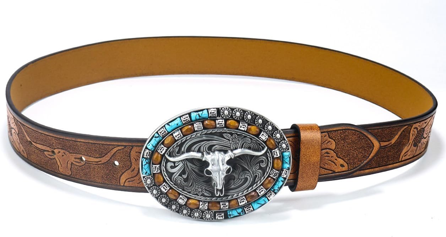 Utaly Western Cowboy Cowgirl Leather Belts - Women Men Turquoise Embossed Waist Belts with Longhorn Bull Buckles image number 6