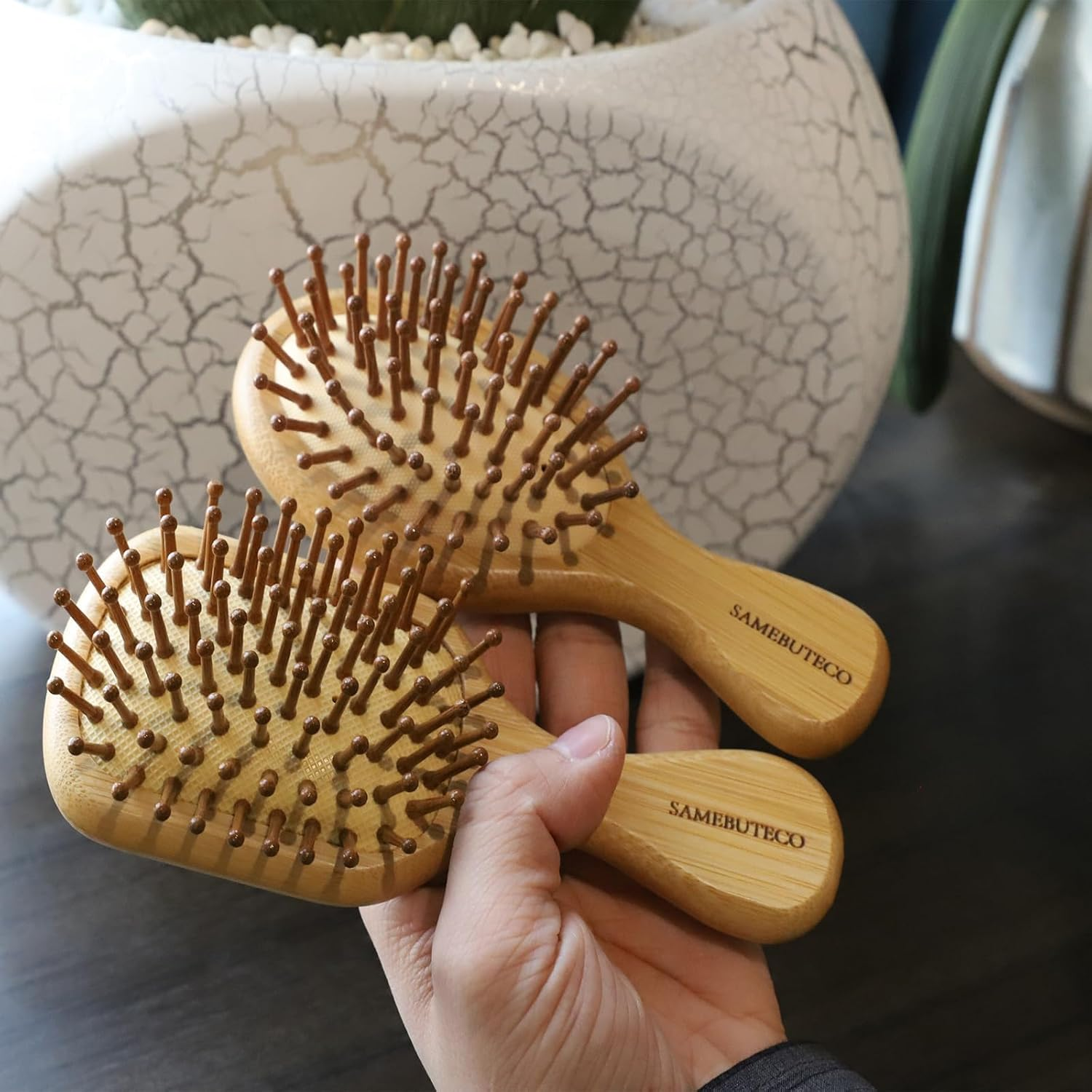 SAMEBUTECO Hair Brush Set Natural Bamboo Bristles Paddle Detangling Brushes for Thick, Thin, Curly, and Dry Hair Wooden Hair Message Brushes(4 Packs) image number 3