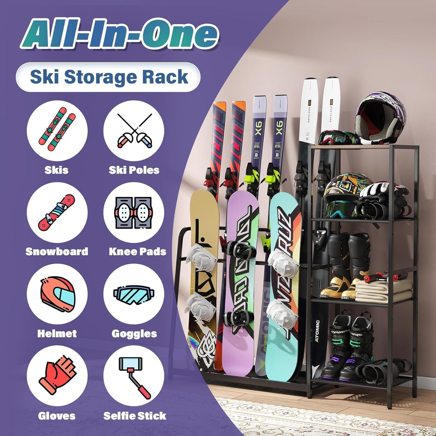 Yoimori Freestanding Snowboard Rack - 4 Pair Ski, 3 Pack Snowboard, Boot, Pole, Goggles, Helmet Rack for Garage, Shed, Basement image number 6