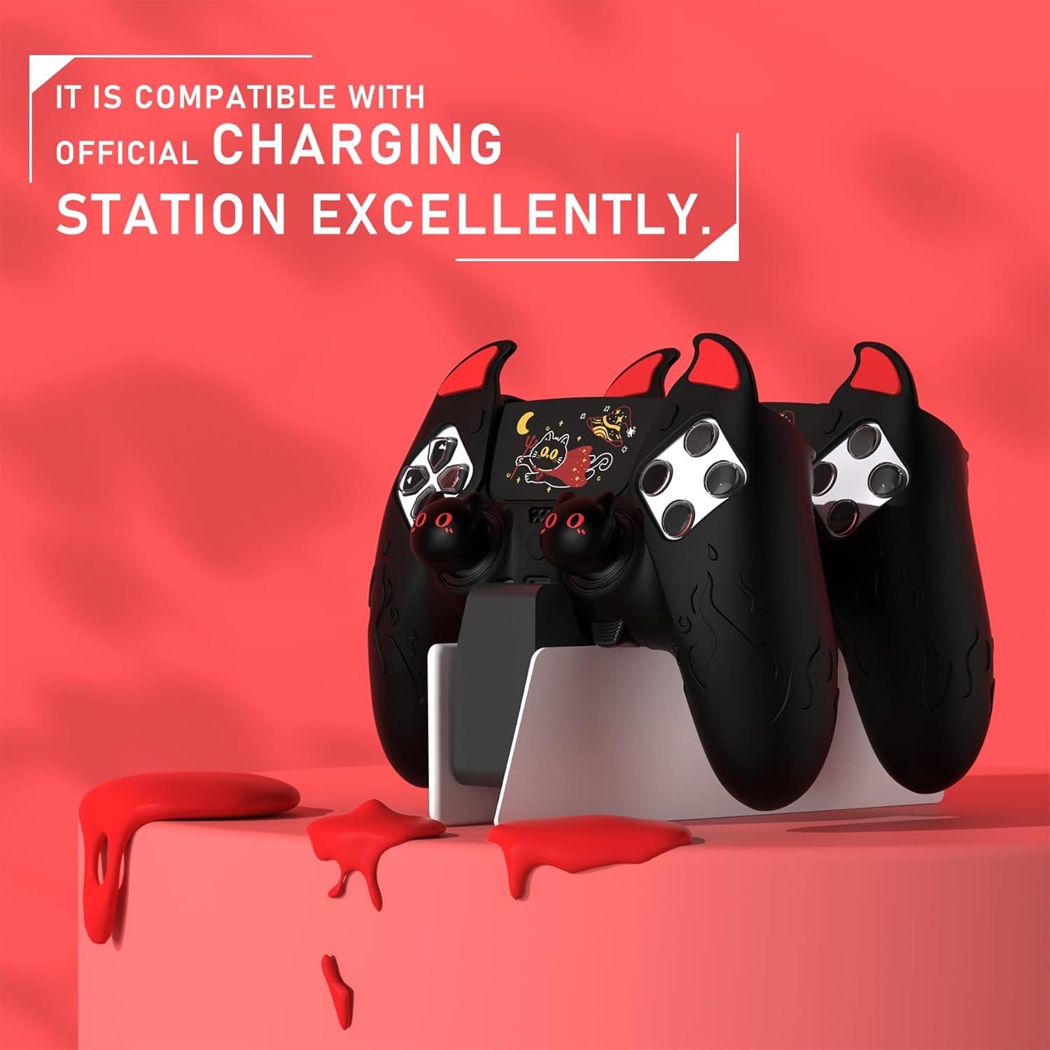 Playvital Cute Demon Silicone Case for Ps5 Edge Controller, Kawaii Controller Cover Skin Gamepad Protector for Ps5 Edge Accessories with Touch Pad Sticker & Thumb Grip Caps - Black image number 4