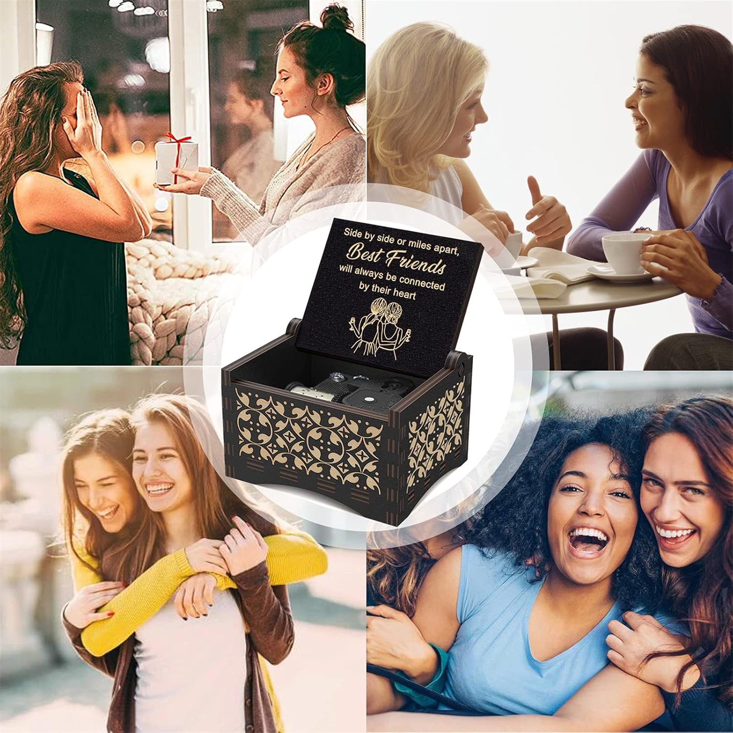 Side by Side or Miles Apart Mechanism Wood Music Box Mechanism Engraved Vintage You Are My Sunshine Tune Wooden Musical Box for Friend Sisters Women Girls Birthday Graduation - Not Sister By Blood image number 3