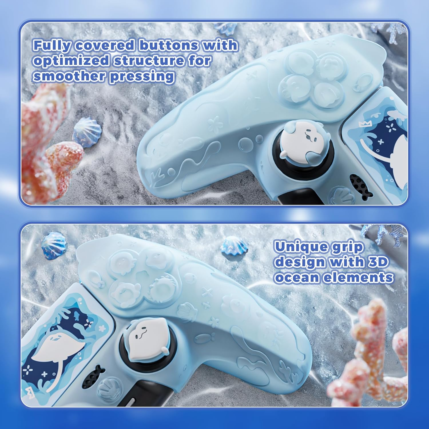 Playvital for PS5 Controller Cover Skin - Cute Ocean Whisper Series Semi-Clear Silicone Case for PS5 Controller with Thumb Grip & Sticker, Charging Station Compatible, Full Protection - Mint Blue - Peach Pink image number 6