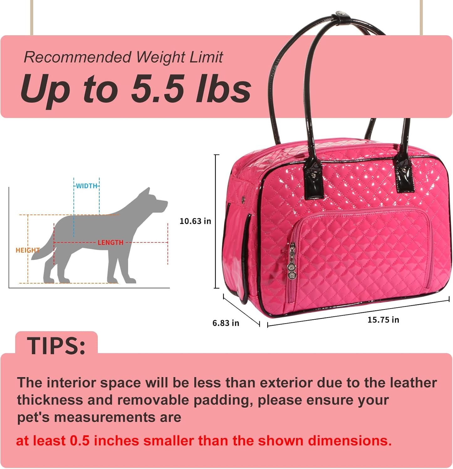 Betop House Mirror Surface Faux Leather Tote Purse Dog and Pet Carrier Travel Bag, Pink - Black And Pink image number 4