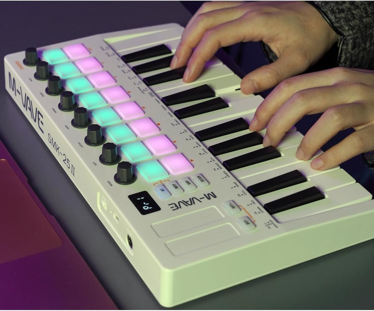 M-Vave SMK 25 MKII Wireless BT Midi Keyboard Controller with 16 Backlit Drum Pads, 8 Buttons, Arpeggio, USB, White image number 1