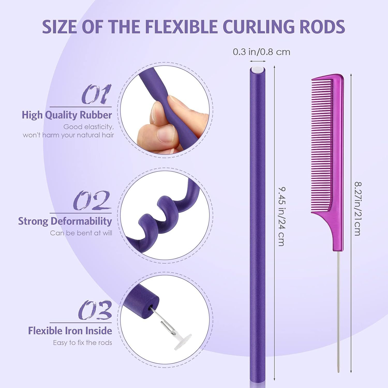 Chuangdi 20 Pcs Flexible Curling Rods Twist Foam Hair Rollers Soft Foam Hair Rods Rollers Curlers and Pintail Comb for Women Long and Short(0.31 X 9.4 Inch,Purple) image number 4