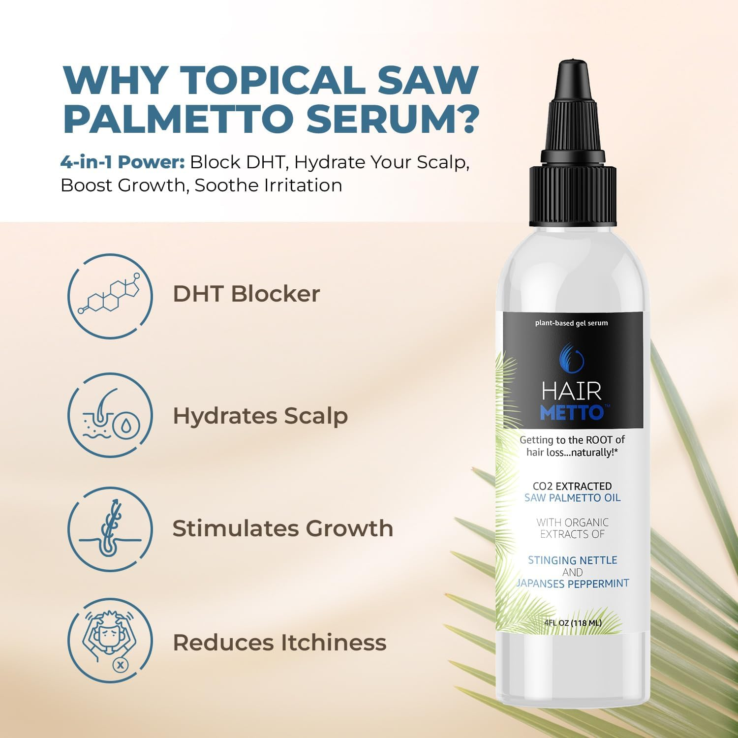 HAIRMETTO&reg; Topical Hair DHT Blocker Serum for Hair Loss, Hair Regrowth with Saw Palmetto Oil, Stinging Nettle Oil, Rosemary Oil, Soothes Dry Scalp, Non-Oily, Peppermint Scent, 4Oz Bottle