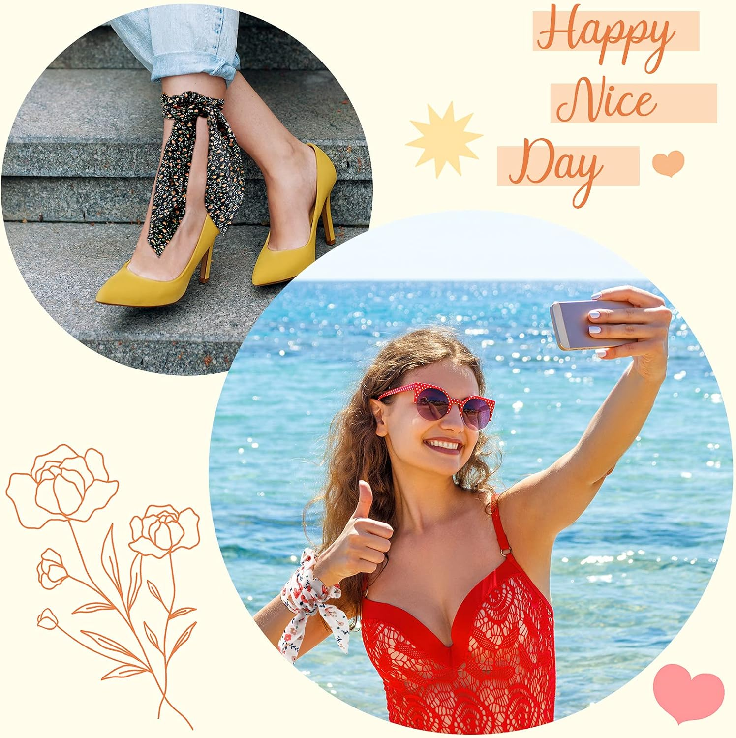 Chuangdi 10 Pcs Hair Scrunchies Hair Scarf with Ribbon Bunny Ears Chiffon Floral Bow Ponytail Holder Boho Elastic Floral Ropes 2 in 1 Vintage Accessories for Women (Ditsy Print) image number 4