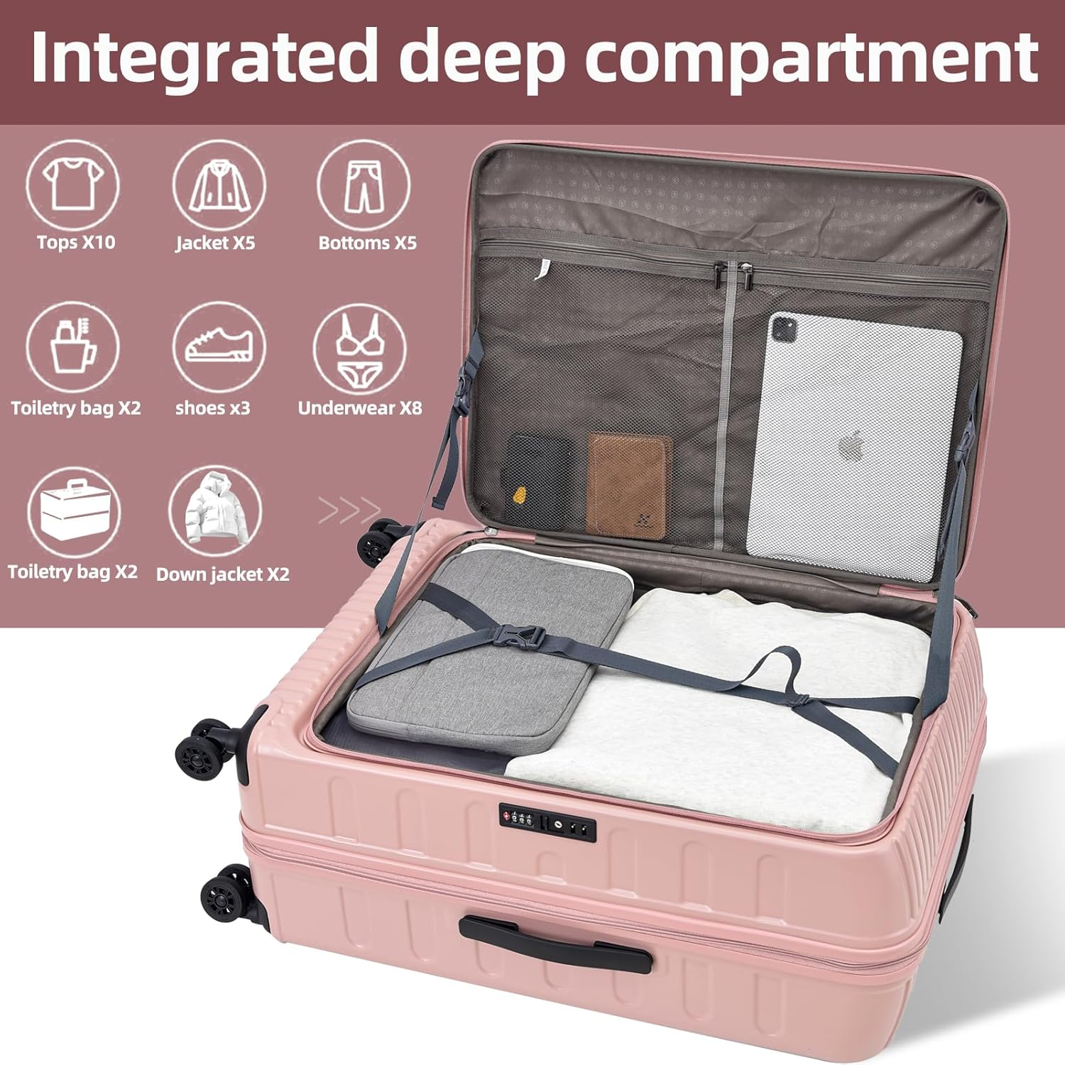 Kaleenie 29 Inch Luggage with Expansion & Side Opening Design, 50 * 31(35)*76Cm, 117L~133L Ligthweight ABS+PC Hardshell Checked Suitcase, TSA Lock & YKK Zipper with HINOMOTO 360&deg; Wheels, Pink, Pink, image number 1
