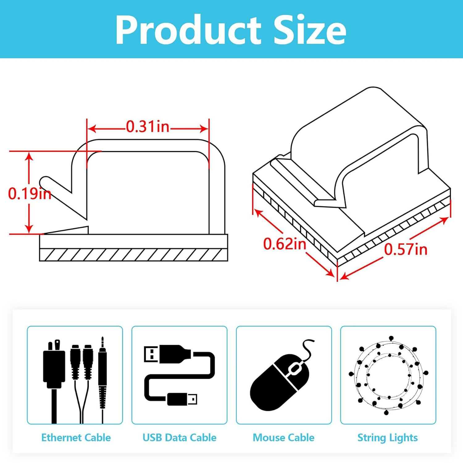100PCS Adhesive Cable Clips, Wire Organizer Cord Management, Cable Staples Outdoor Strong Cord Clips for Wall, Desk, Christmas Lights, String Lights, TV PC Ethernet Cable, Black Small image number 6