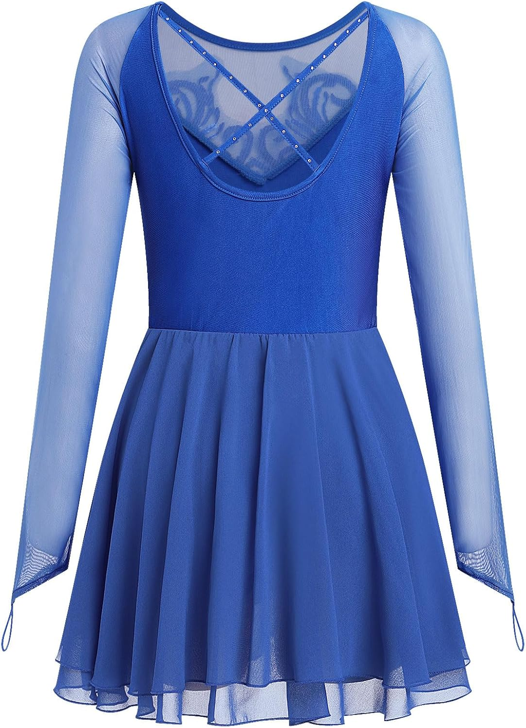 ODASDO Figure Skating Dress for Women Mesh Long Sleeve Criss Cross Back Sequin Bead Chiffon Skirted Leotard Dancewear image number 5