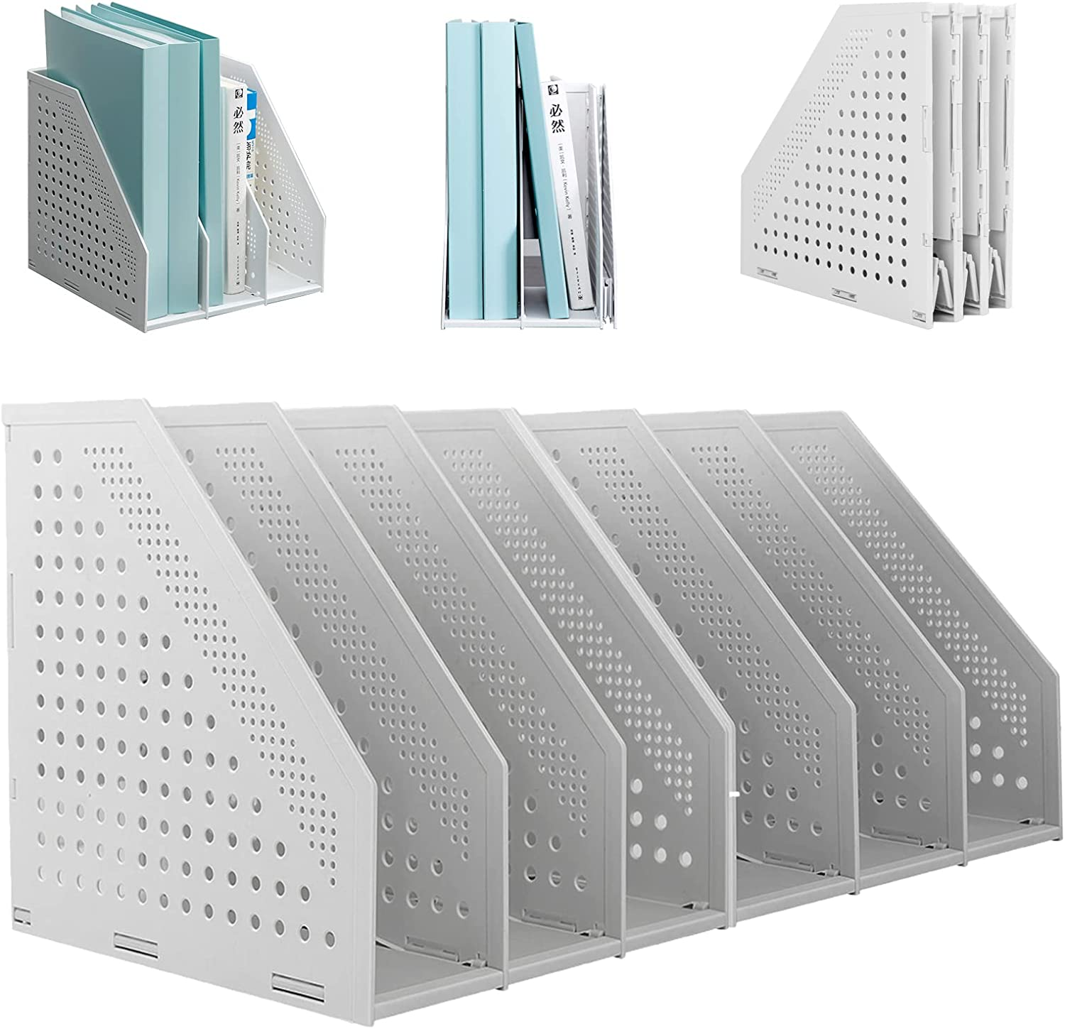 SAYEEC Collapsible Plastic Magazine File Holder Vertical Binder Storage Organizer for Desk Sturdy Upright Desktop Magazine Organizer Folder Rack for Office School Home (2, 2Pcs Gray (3 Compartments))